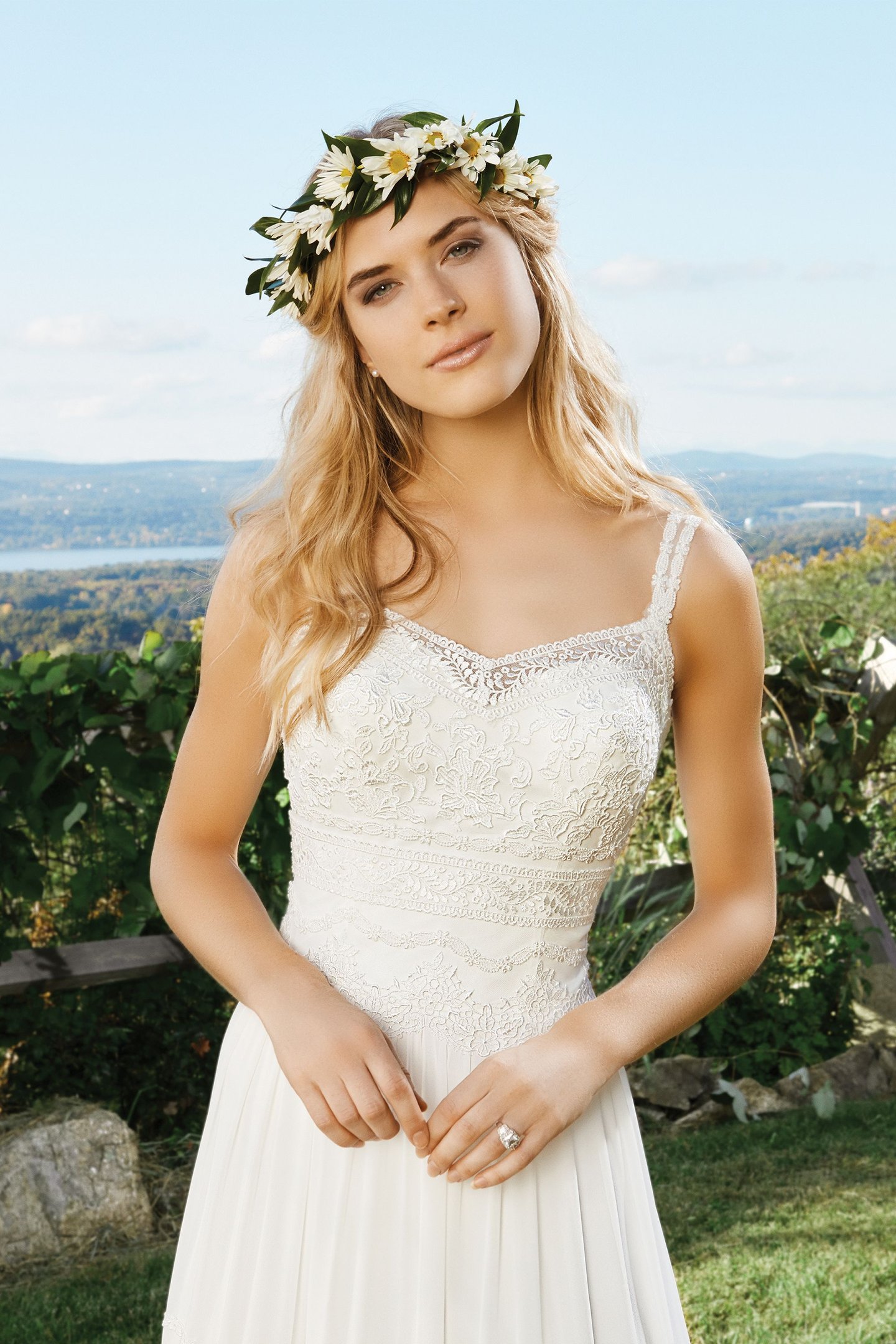 Lillian West Style 6431 Chiffon A-Line Dress with Horizontal Lace Detail