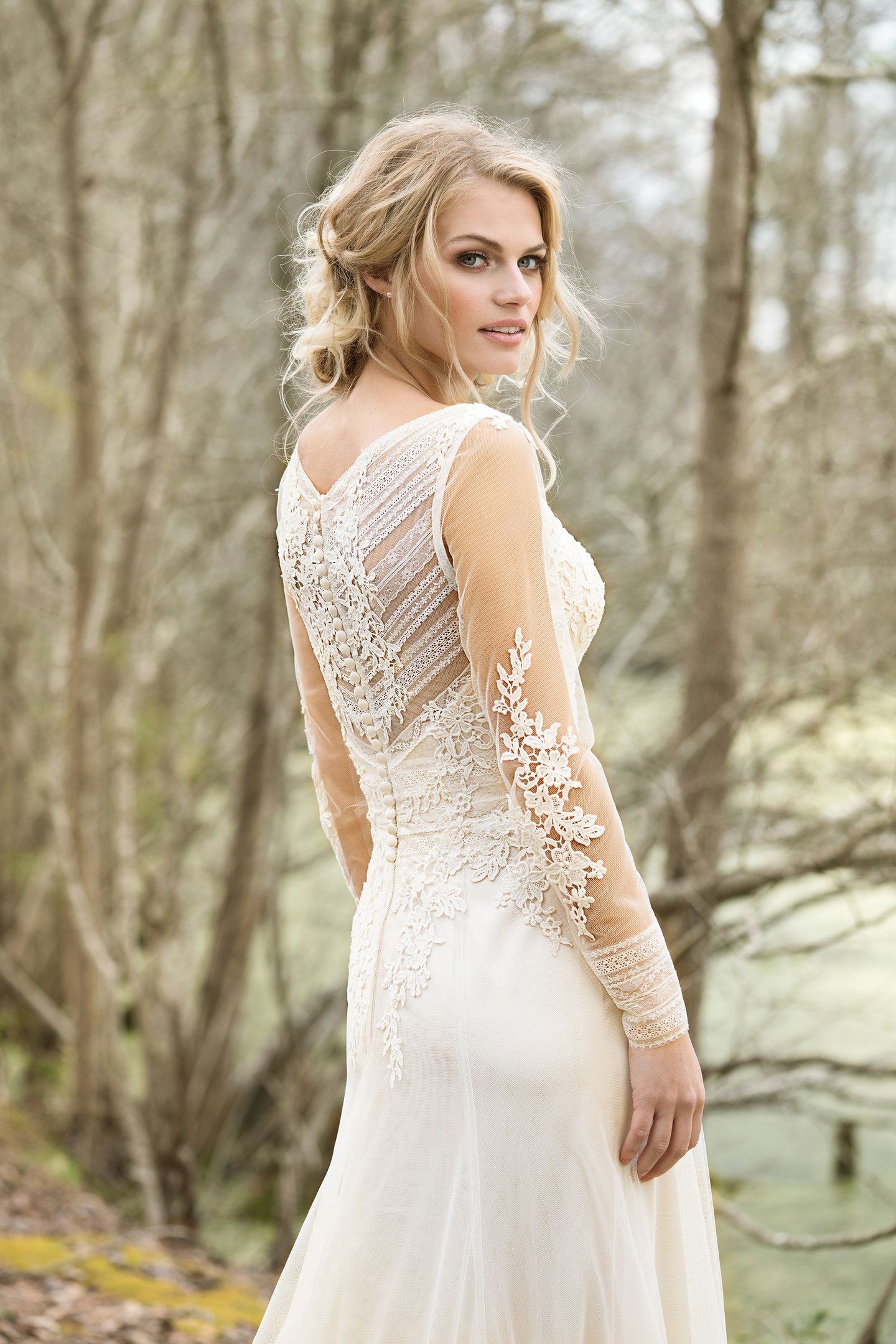 Lillian West V-Neck Gown with Illusion Long Sleeves and Lace Back