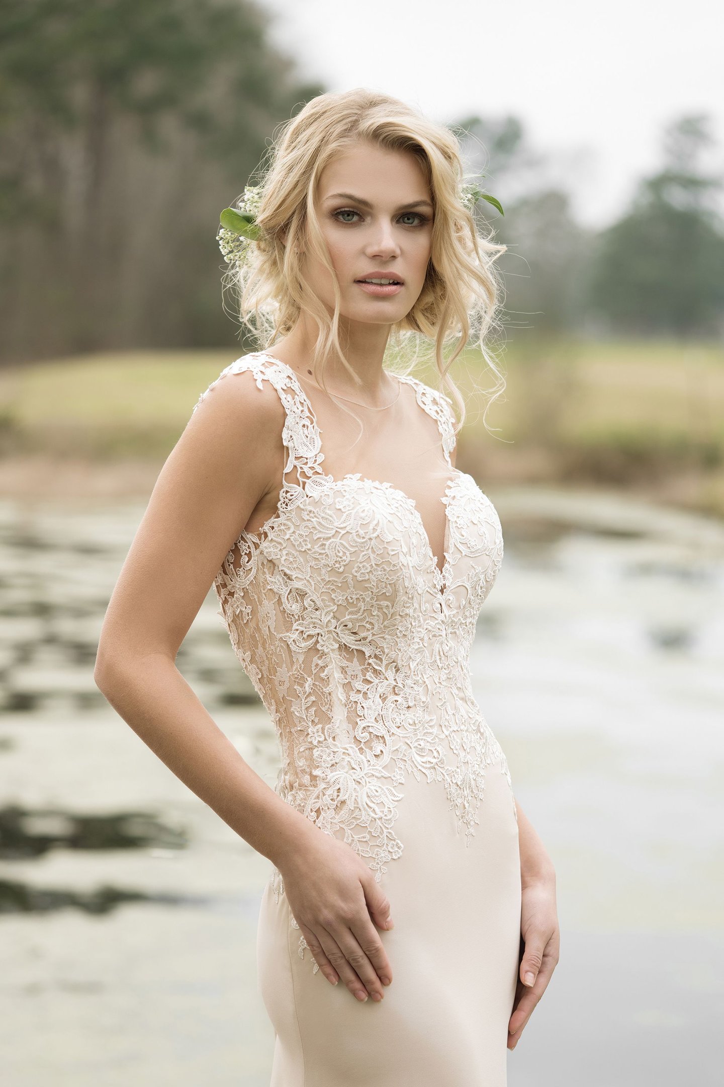 Lillian West Lace and Chiffon Gown with Cutout Sides and Low Back