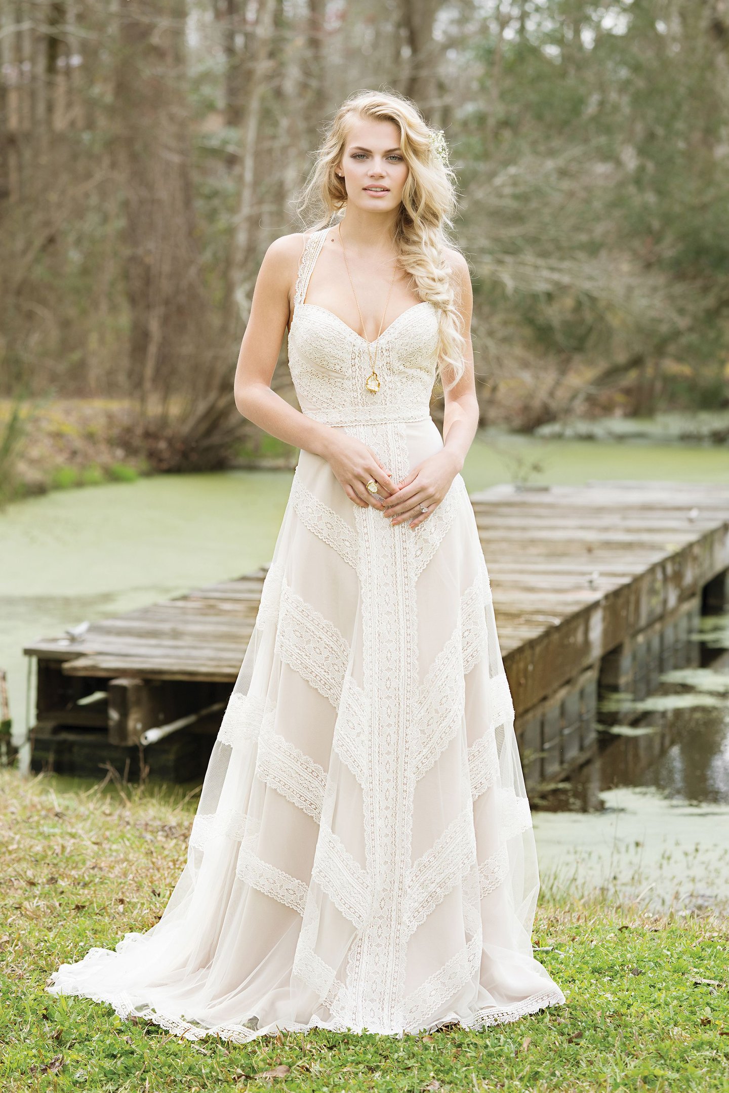 Lillian West Crocheted Lace A-line Gown with Racer Back