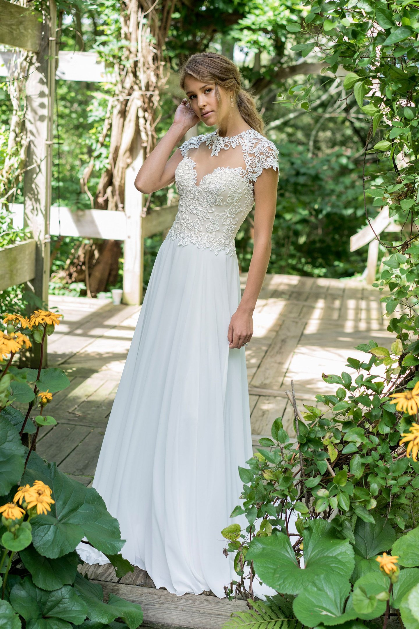 Lillian West Style 66006 Lace Bodice Slim A-Line with Keyhole Back