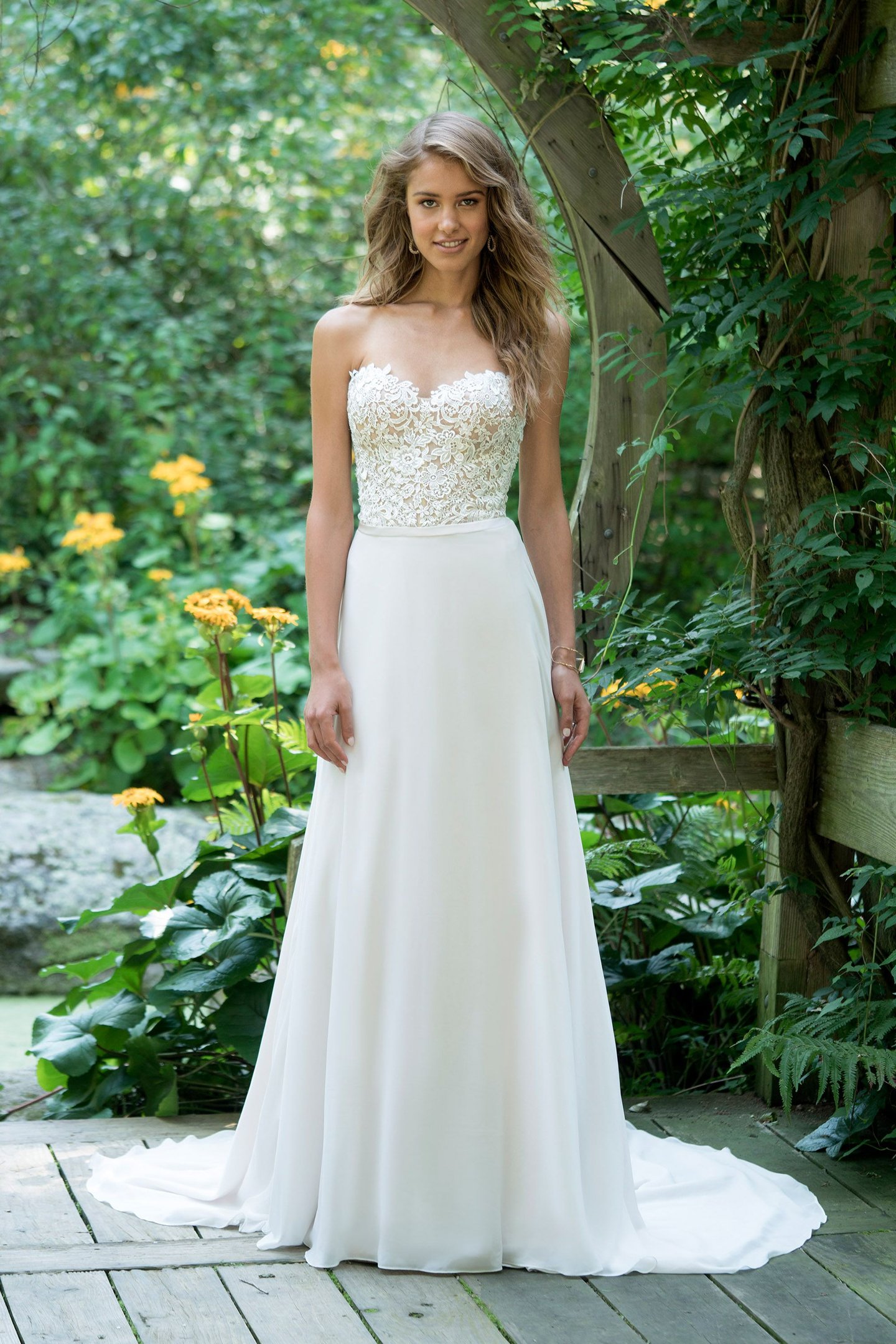 Lillian West Style 66019 Strapless Lace Bodice A-Line with Chiffon Skirt