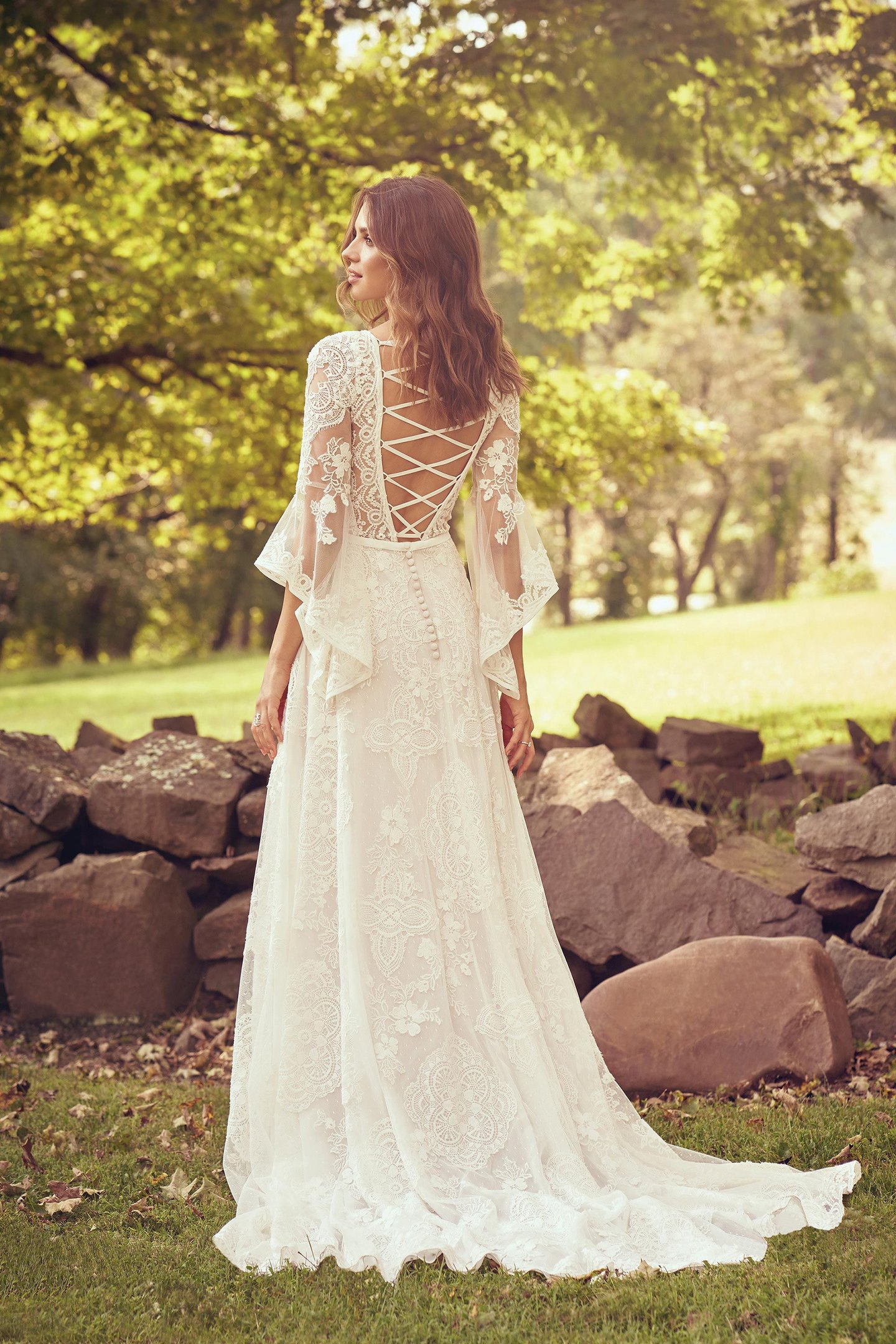 Lillian West Style 66064 Bell Sleeve Lace Dress with Criss-Cross Back Detail