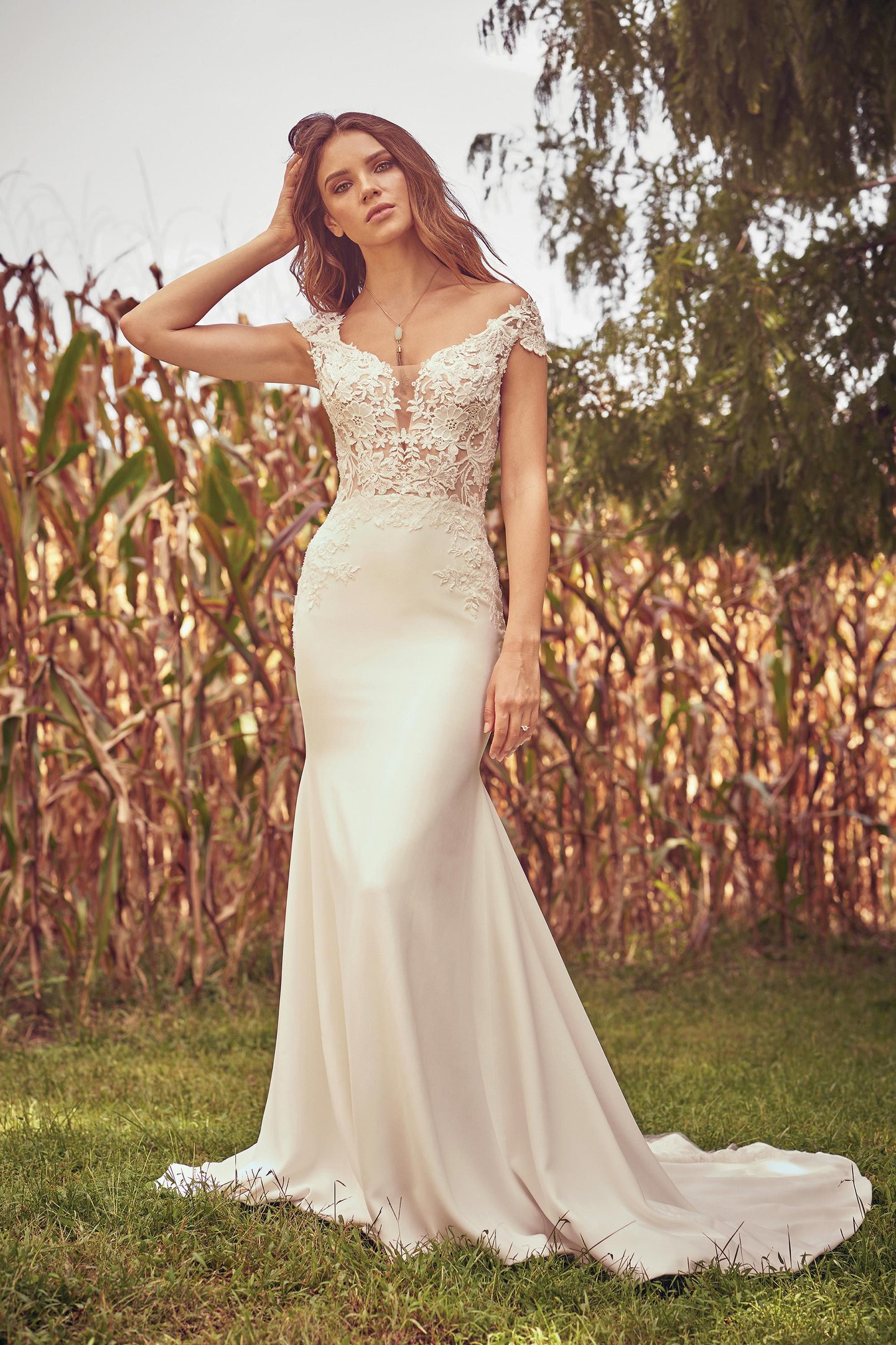 Lillian West Style 66072 Lace and Crepe Fit and Flare Gown