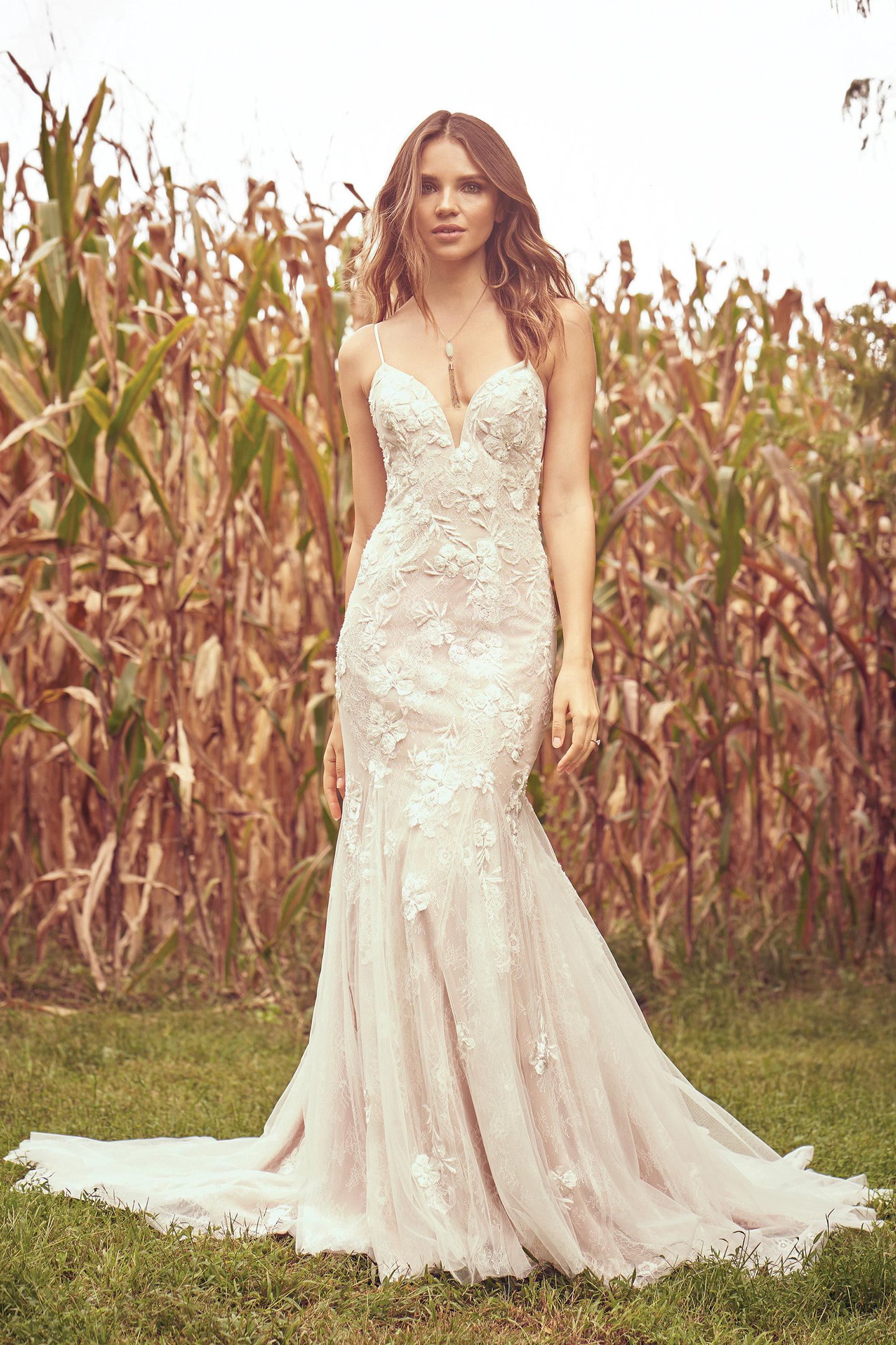 Lillian West Style 66075 Beaded Venice and Chantilly Lace Fit and Flare Gown