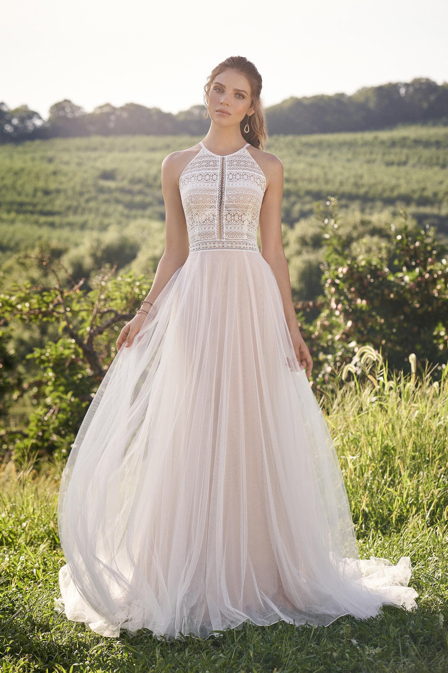 Lillian West Style 66130 Lace Illusion Bodice A-Line Gown with Jewel Neckline