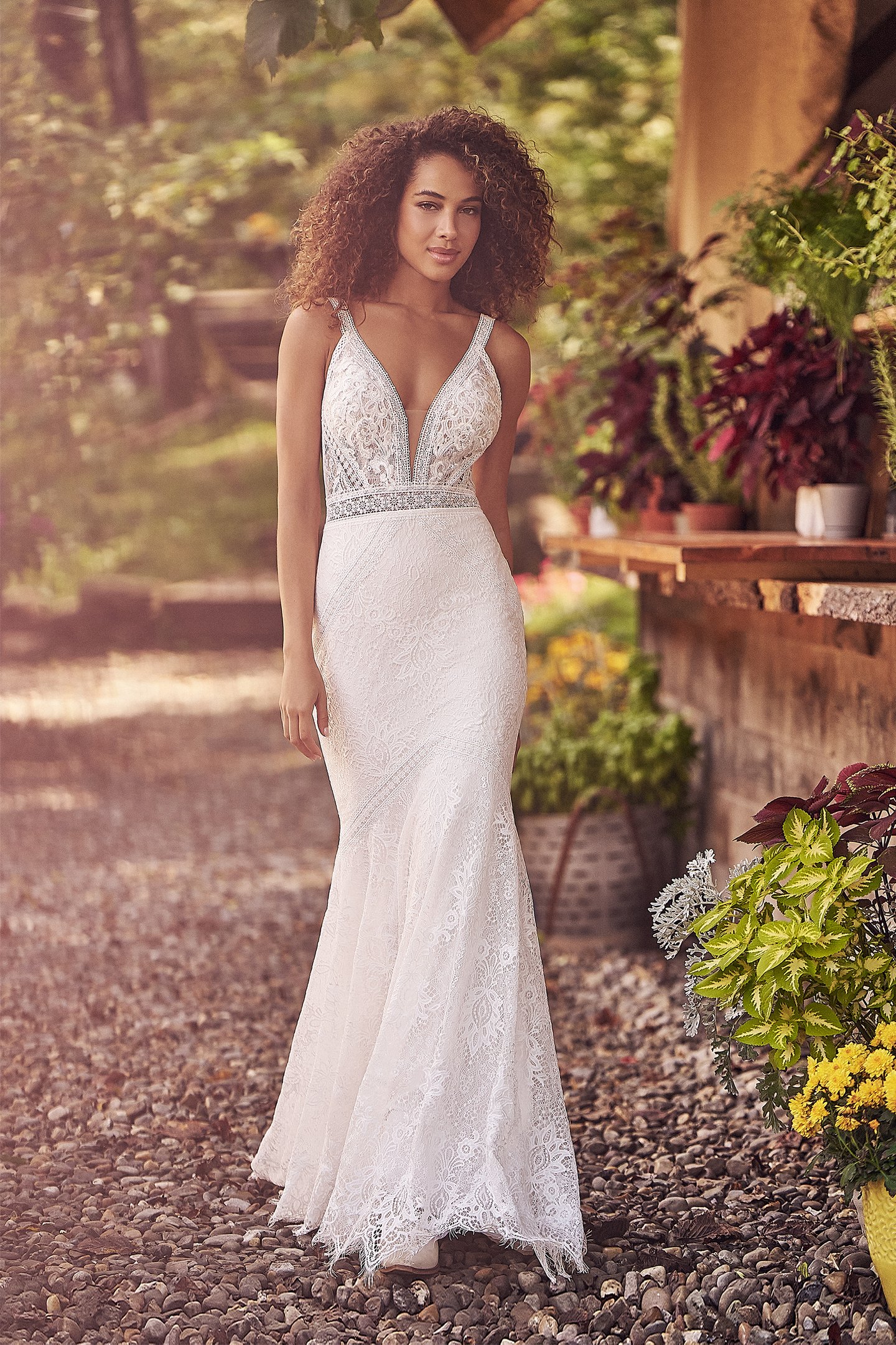 Lillian West Style 66136 Allover Lace Gown with Trim Detail and Shaped Train