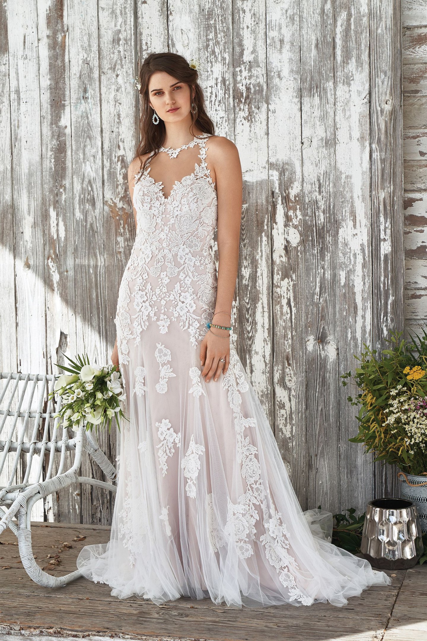Lillian West Style 66050 Illusion Jewel Neckline Gown with Soft Tulle Skirt