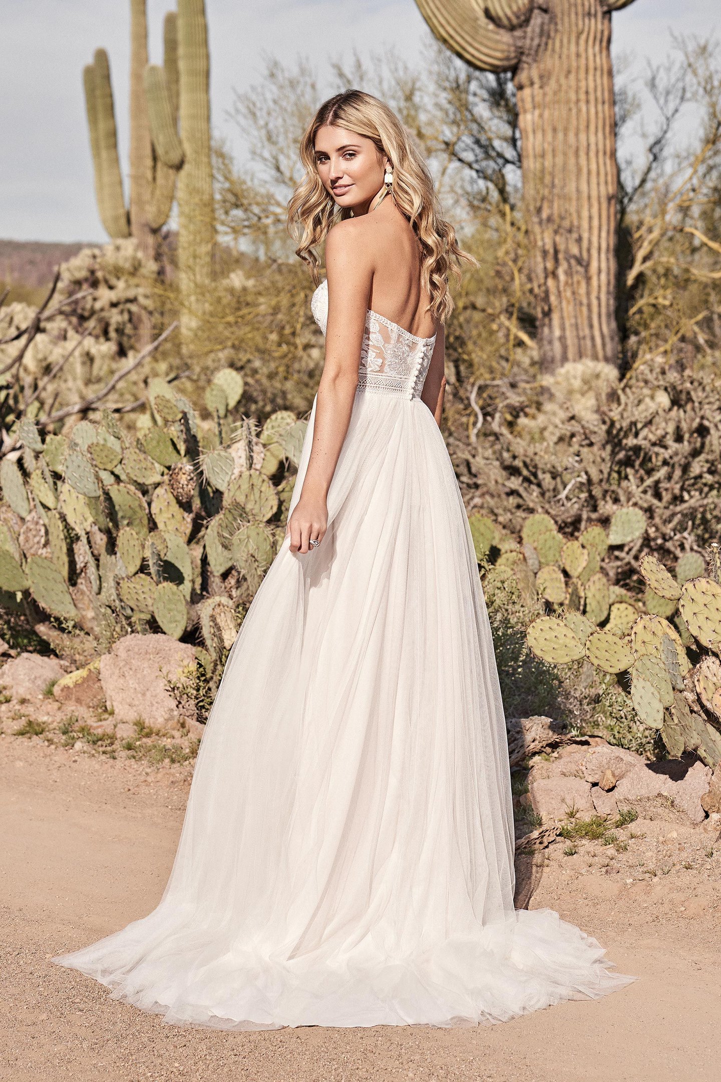 Lillian West Style 66168 Strapless A-Line Gown with English Net and Vertical Lace Trim