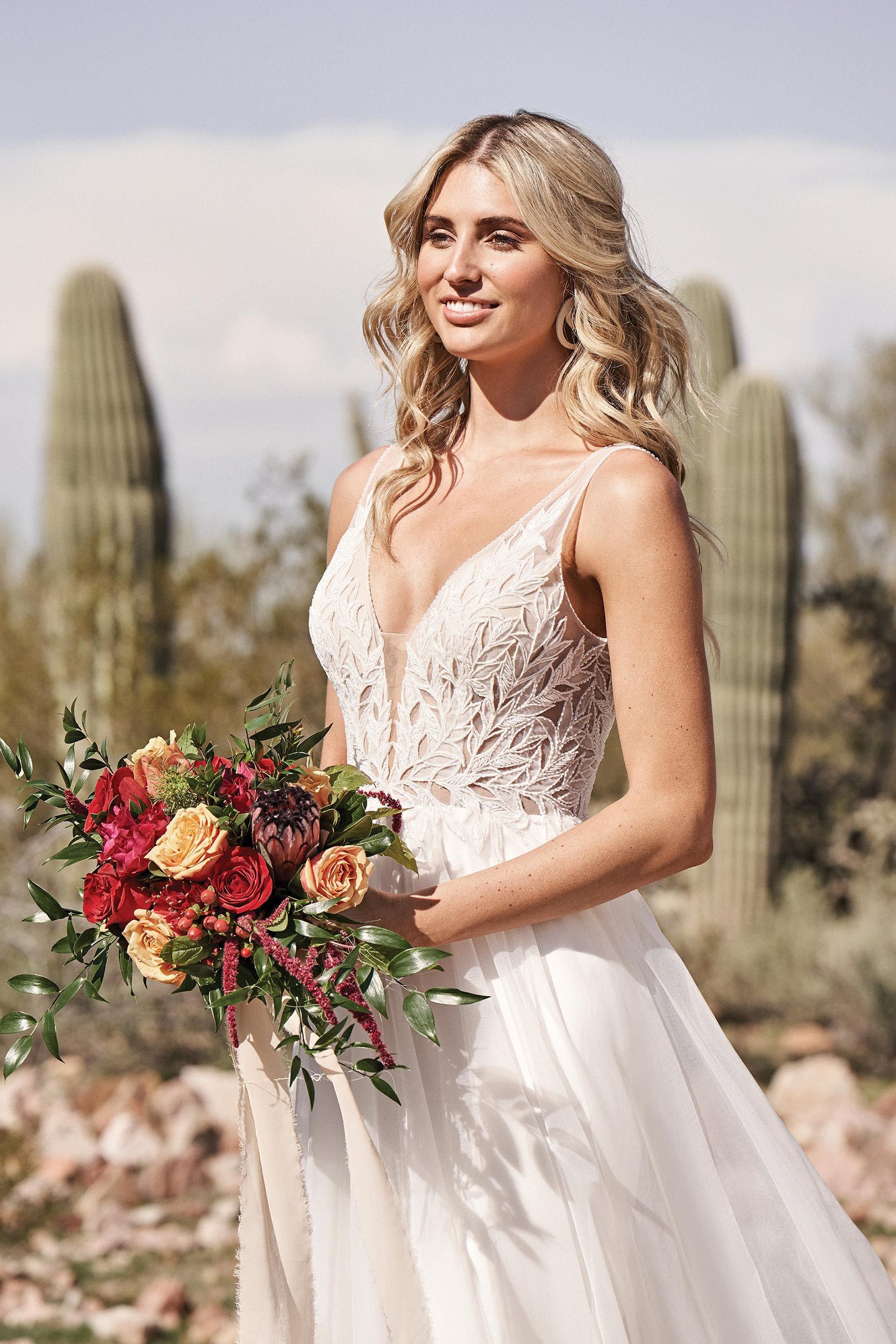Lillian West Style 66173 Beaded Tulle A-Line Wedding Dress with Plunging V-Neckline