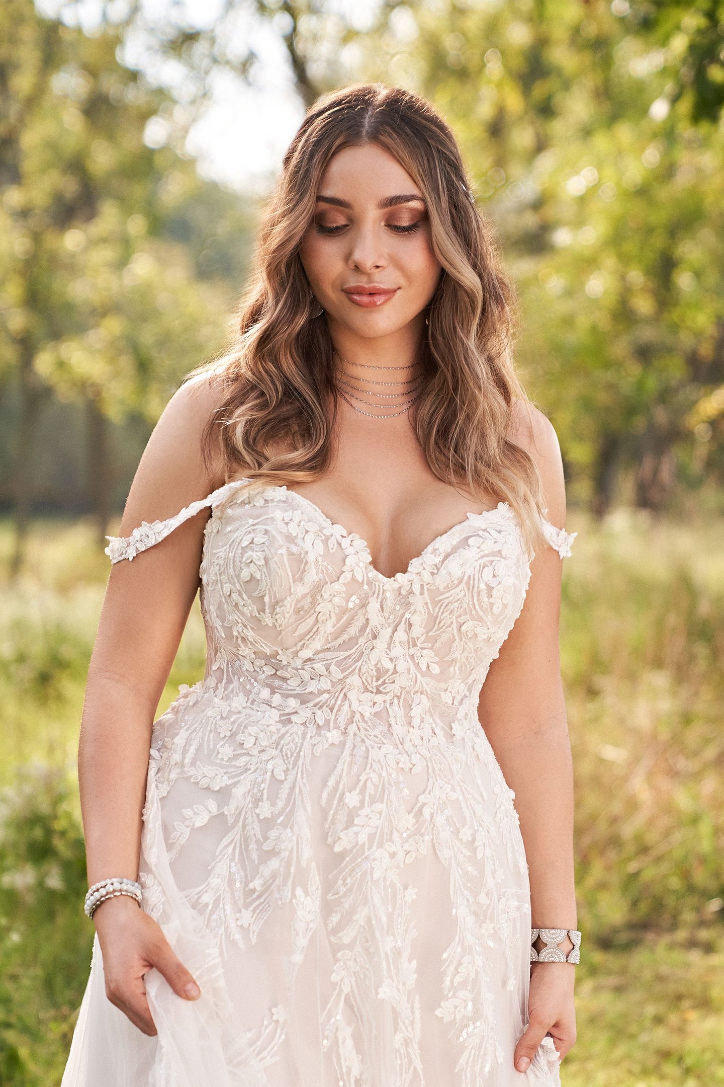 Lillian West Style 66176PS Plus Size Off the Shoulder A-Line Dress with 3D Appliqués