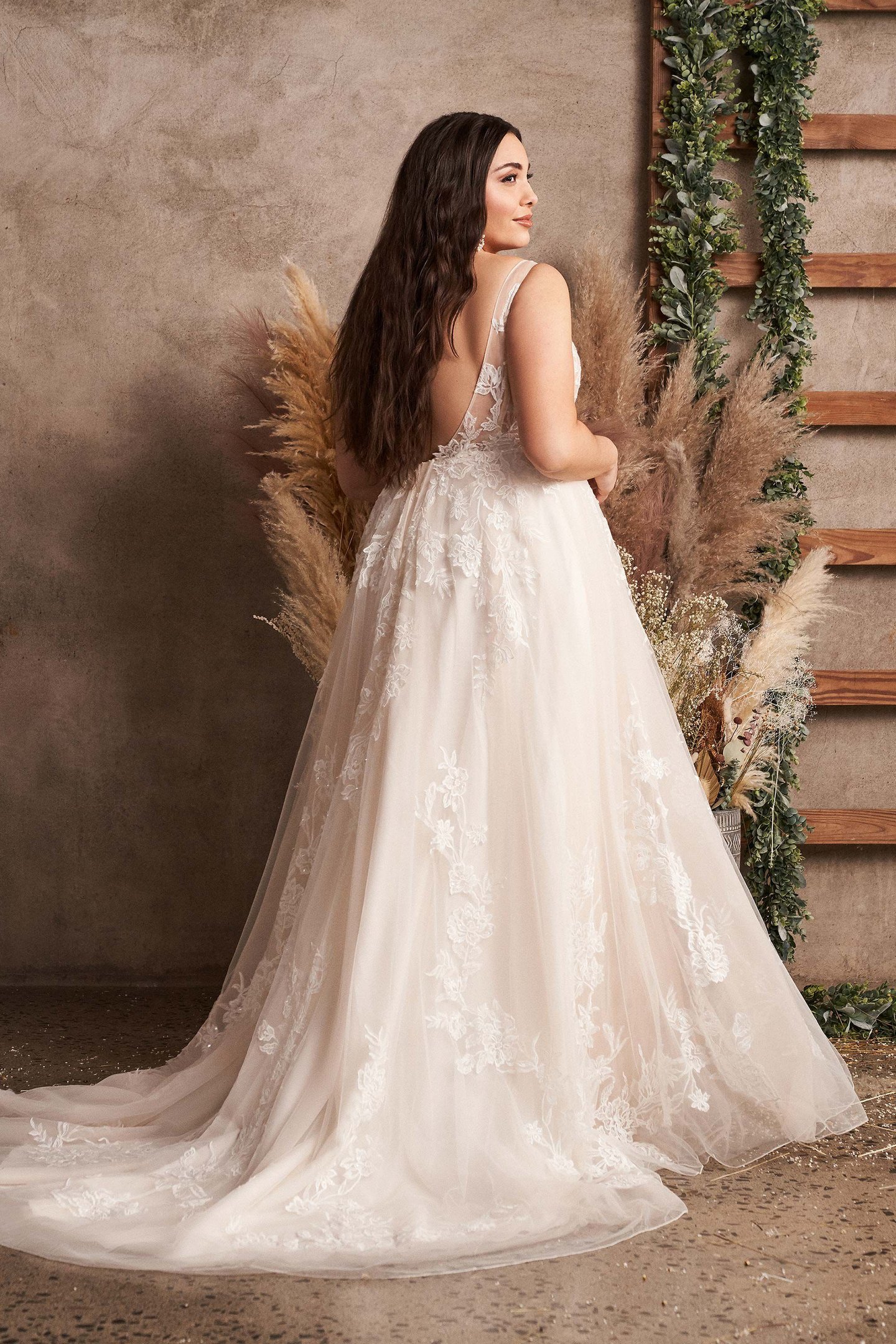 Lillian West Style 66063PS Plunging V-Neck Plus Size A-Line Gown with Sequined Lace Appliqués