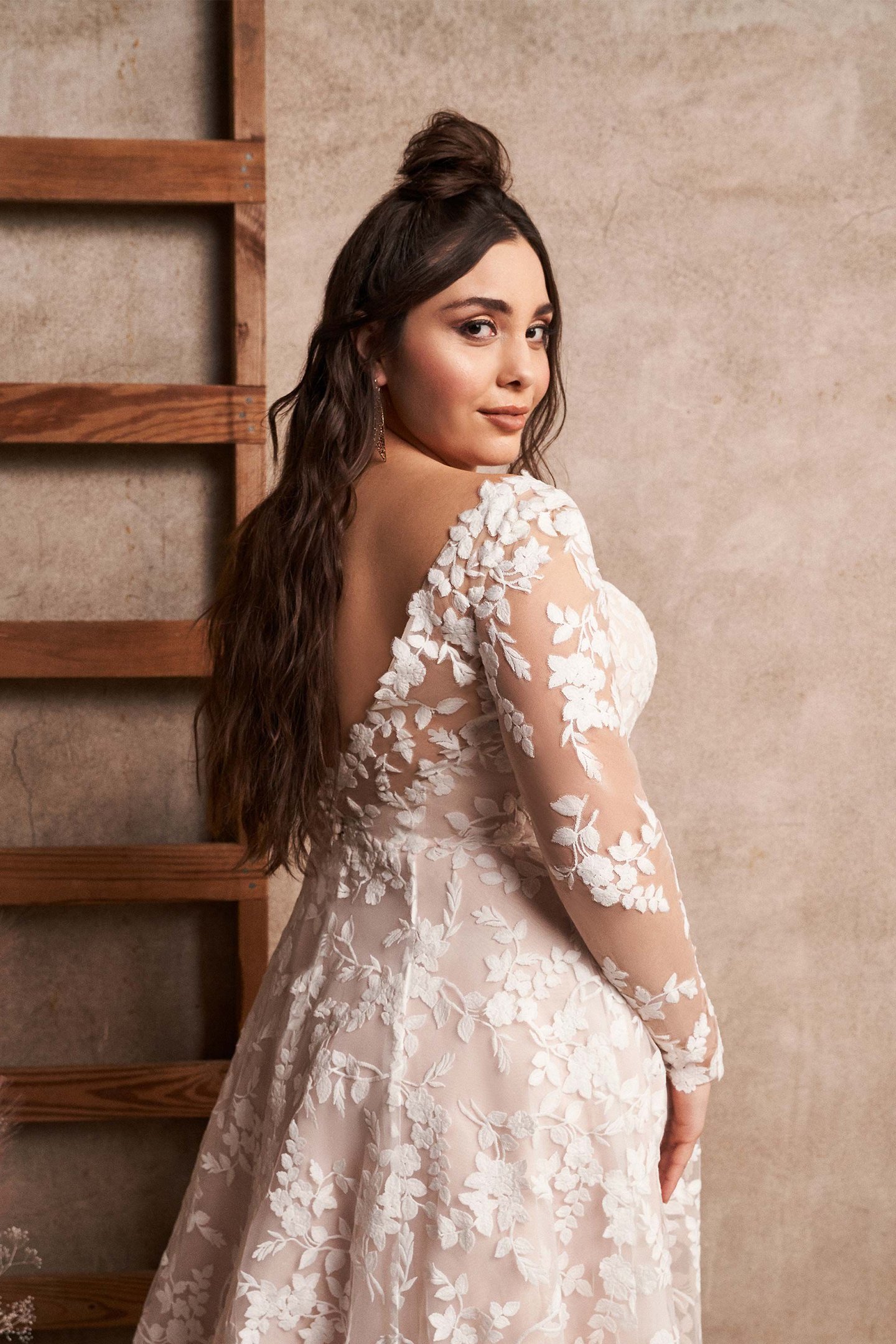 Lillian West Style 66188PS Plus Size Cotton Lace A-Line Gown with Detachable Long Sleeves