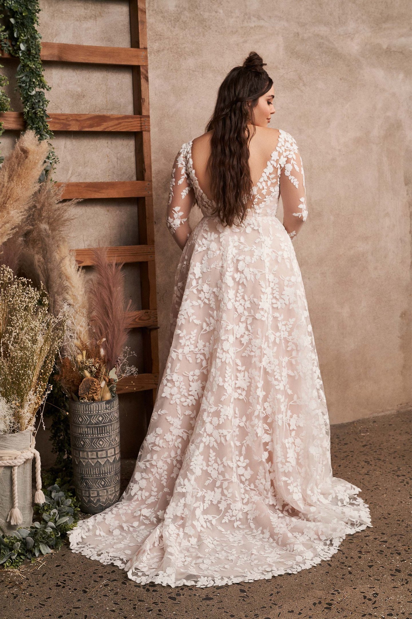 Lillian West Style 66188PS Plus Size Cotton Lace A-Line Gown with Detachable Long Sleeves