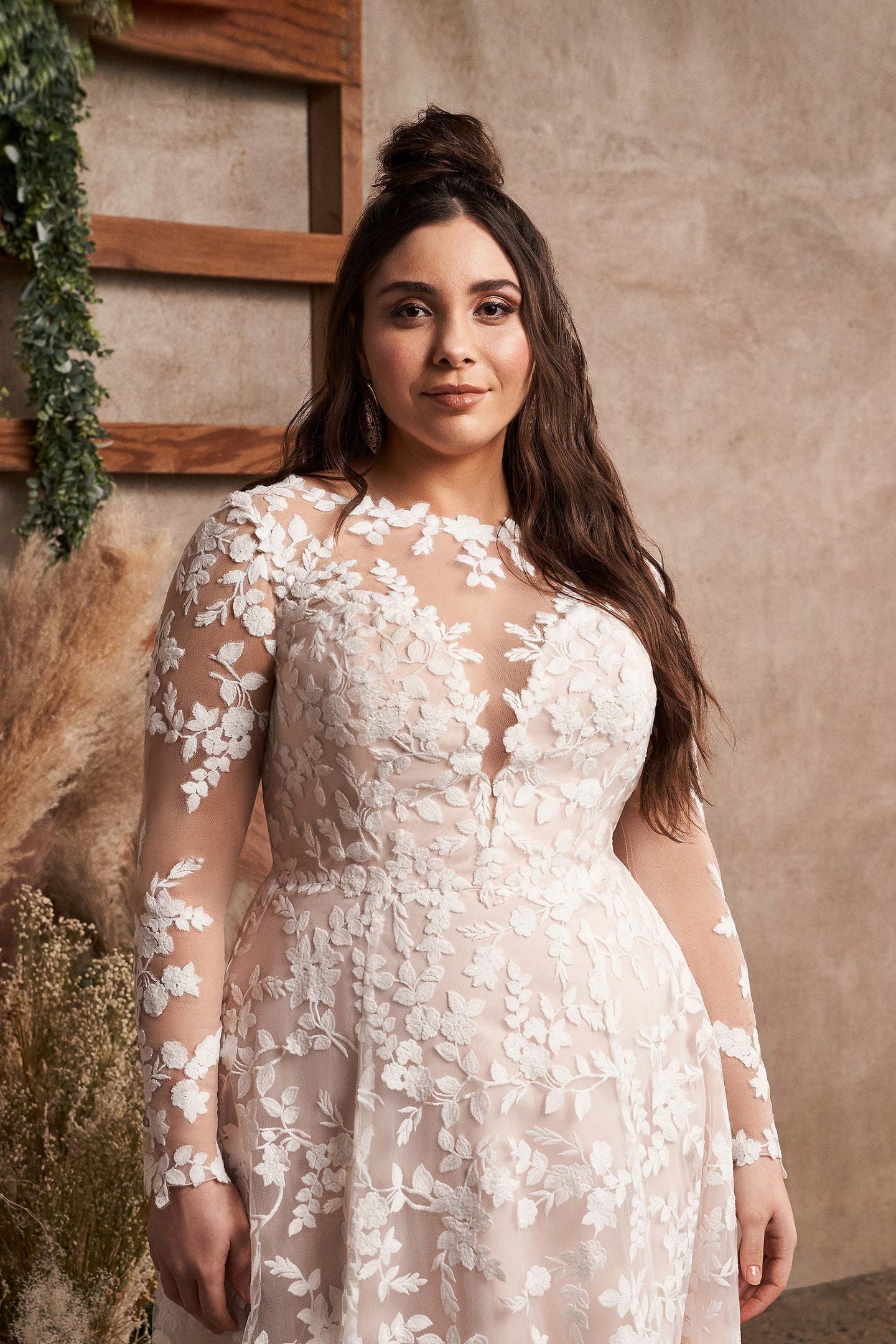 Lillian West Style 66188PS Plus Size Cotton Lace A-Line Gown with Detachable Long Sleeves