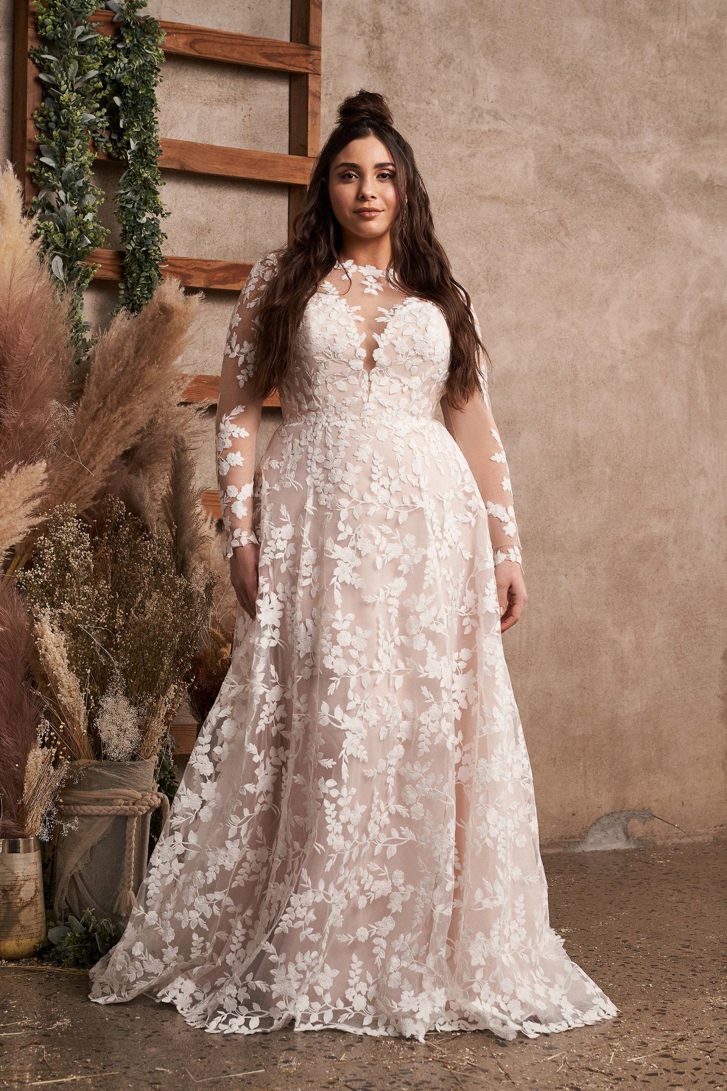 Lillian West Style 66188PS Plus Size Cotton Lace A-Line Gown with Detachable Long Sleeves