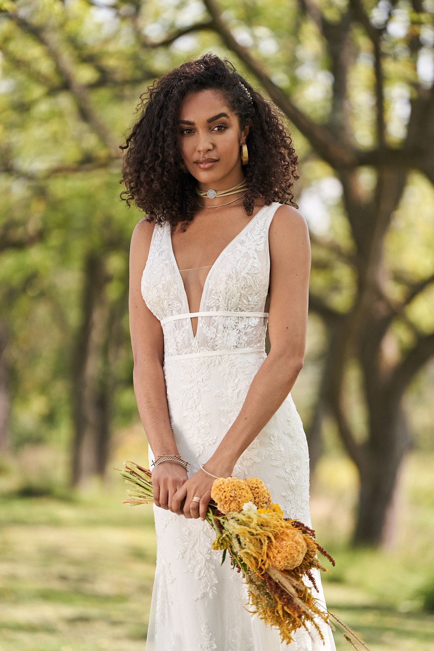 Lillian West Style 66232 Beaded Lace Fit and Flare Bridal Dress with Plunging V-Neck