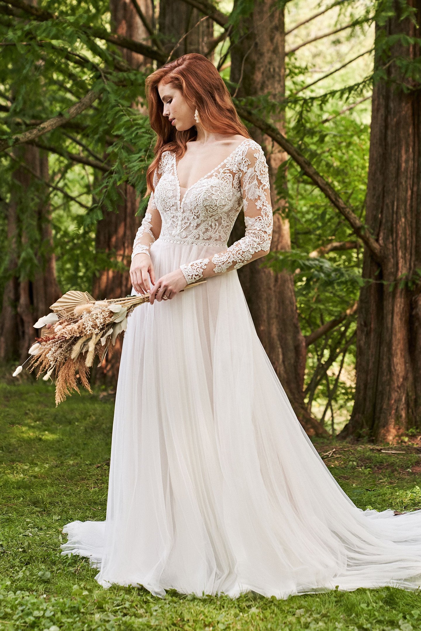 Lillian West Style 66237 Long Sleeve English Net A-Line Bridal Dress with Low Back