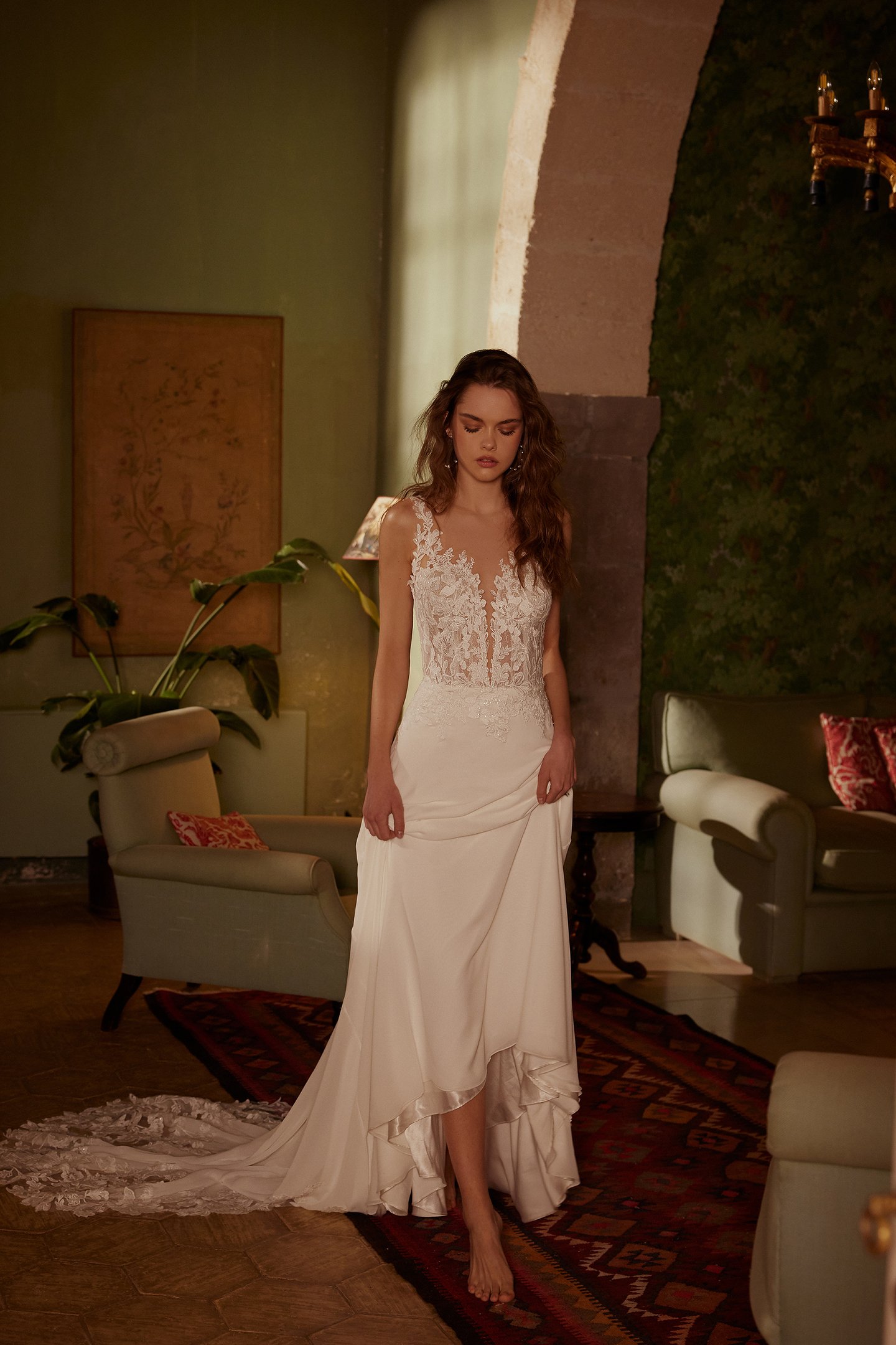 Lillian West Style 66240 Chiffon A-Line Dress with Plunging Illusion Sabrina Neckline