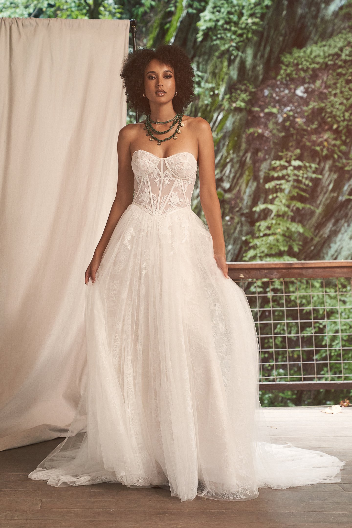 Lillian West Style 66277 Exposed Boning A-Line Bridal Dress with Chantilly Lace
