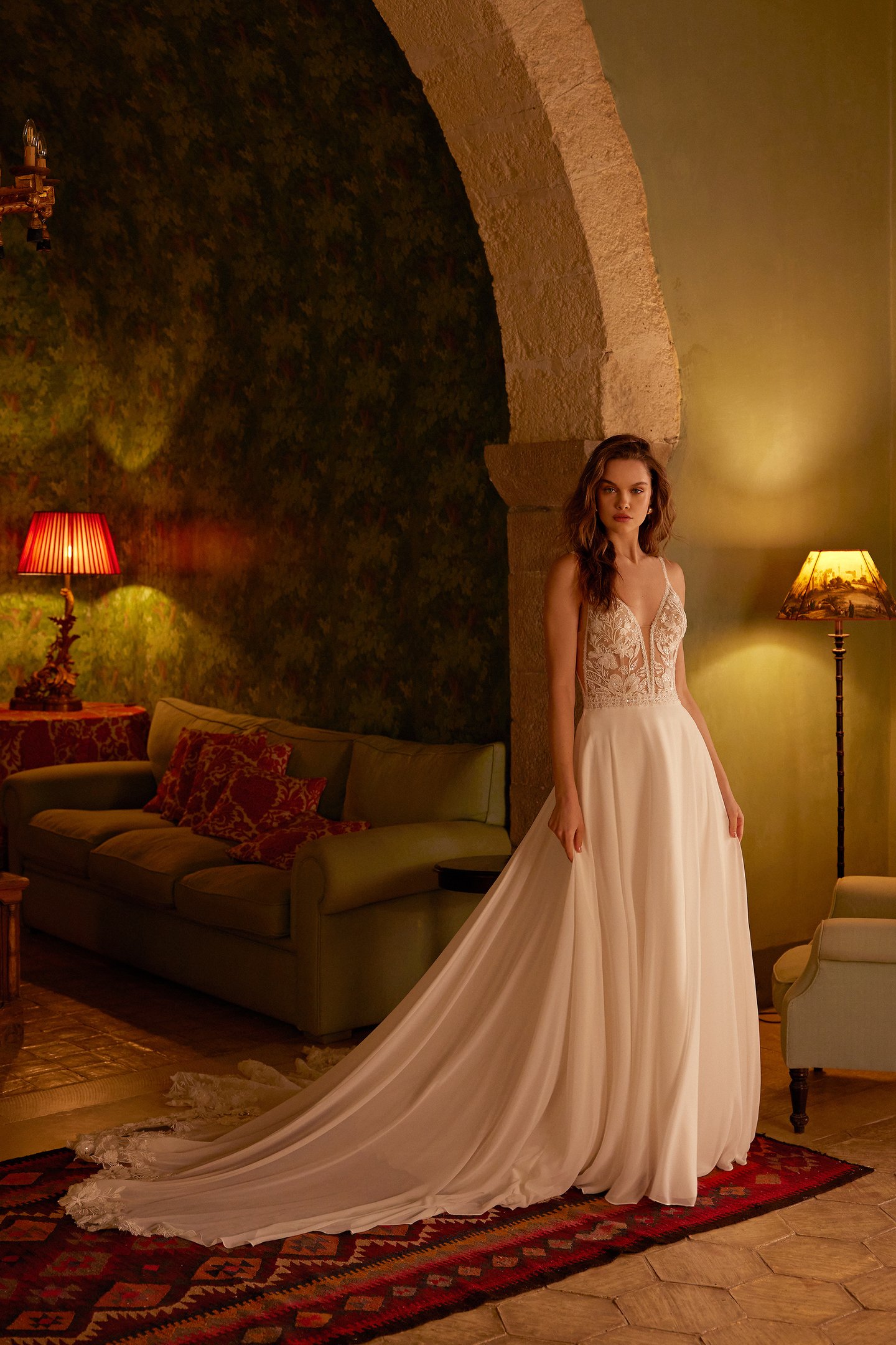 Lillian West Style 66286 Chiffon A-Line Bridal Dress with Plunging Lace Bikini Bodice