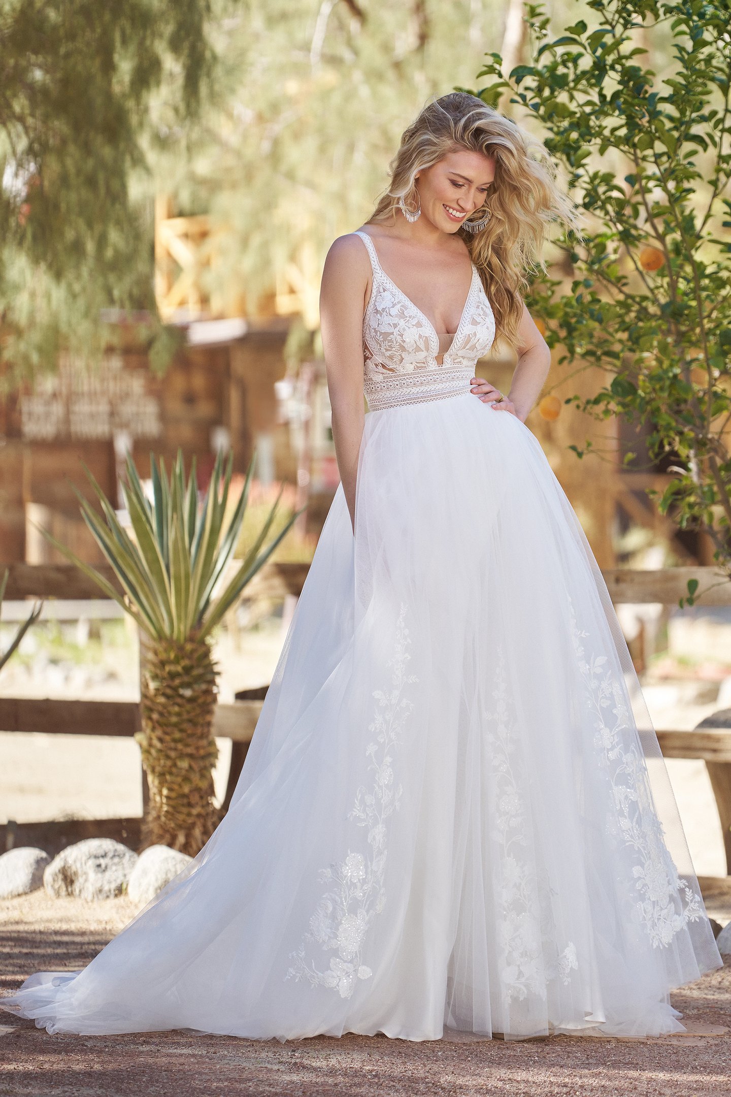 Lillian West Style 66289 Tulle A-Line Bridal Dress with Plunging Bodice and Sequined Lace