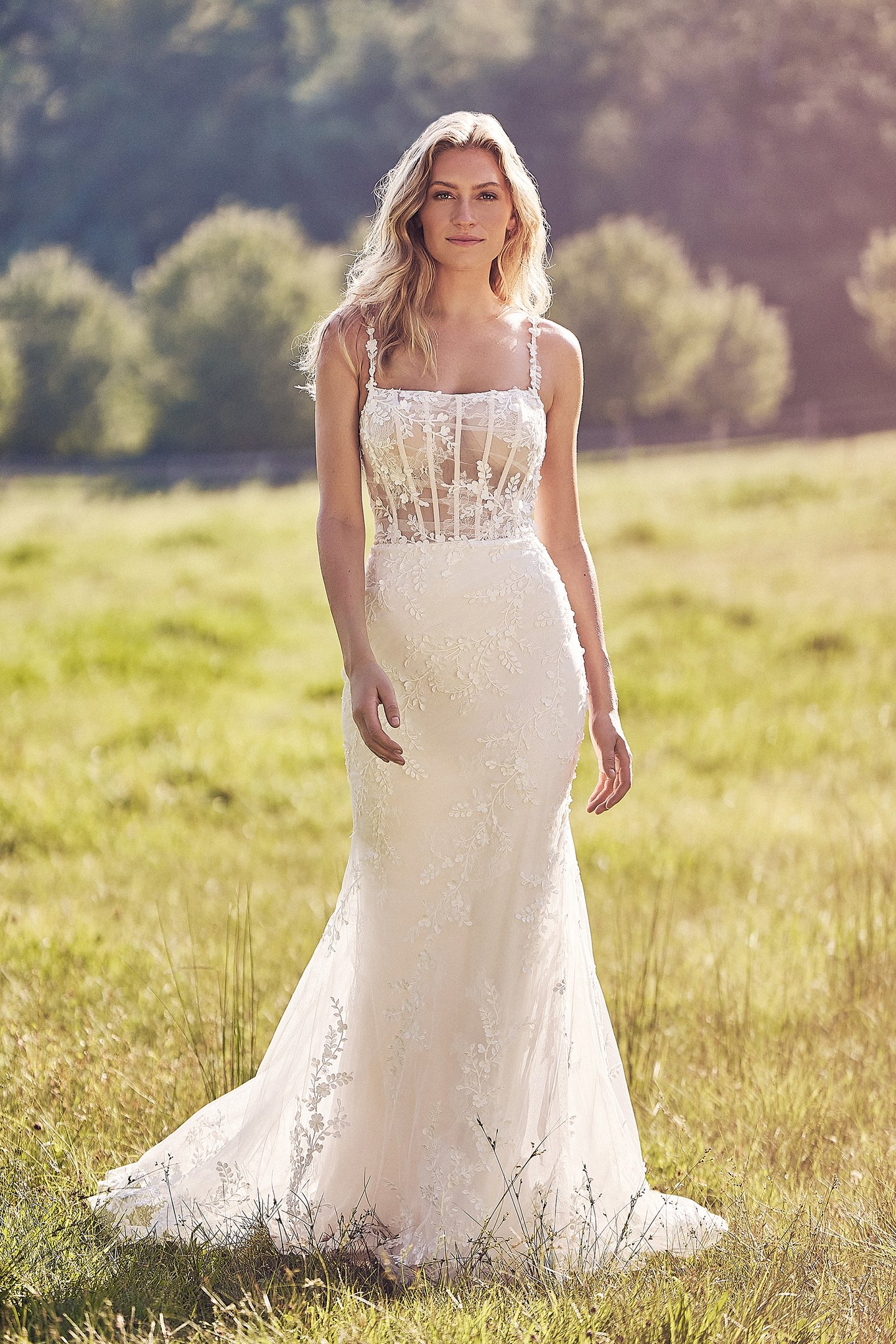 Lillian West Style 66335 Lace Fit and Flare Bridal Dress with Sheer Bodice and 3D Satin Flowers