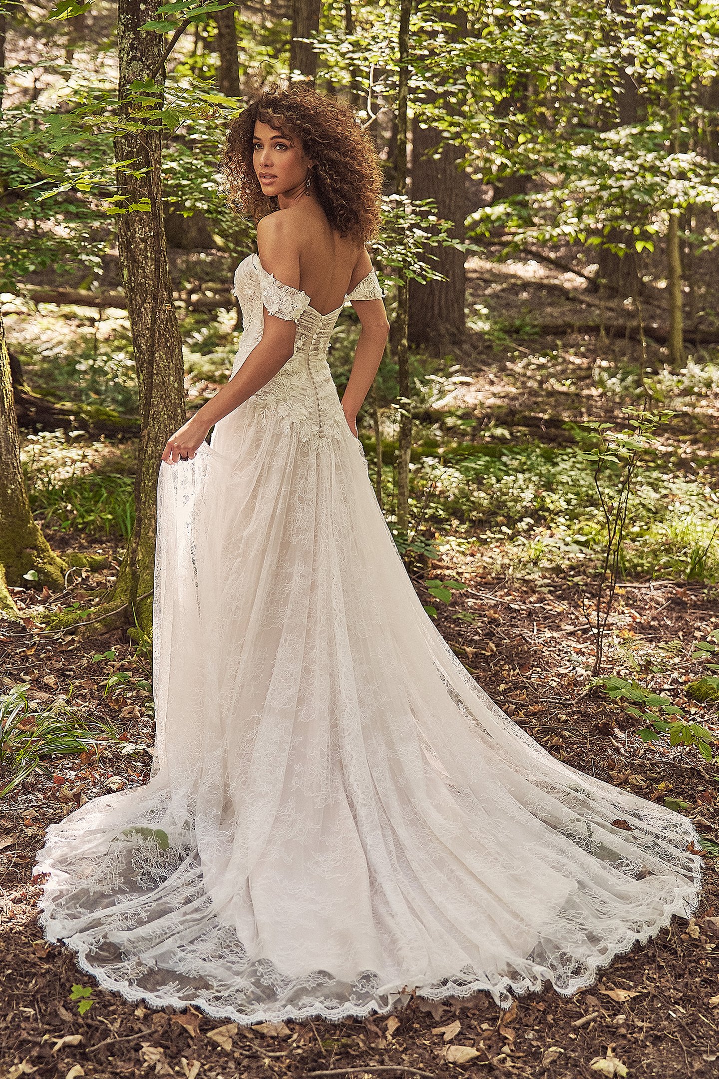 Lillian West Style 66350 Chantilly Lace A-Line with Sheer Bodice and Asymmetric Dropped Waist