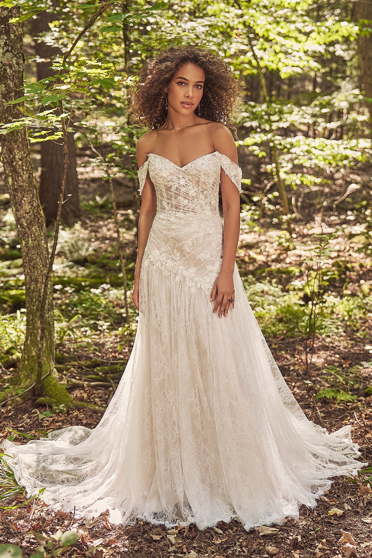 Lillian West Style 66350 Chantilly Lace A-Line with Sheer Bodice and Asymmetric Dropped Waist
