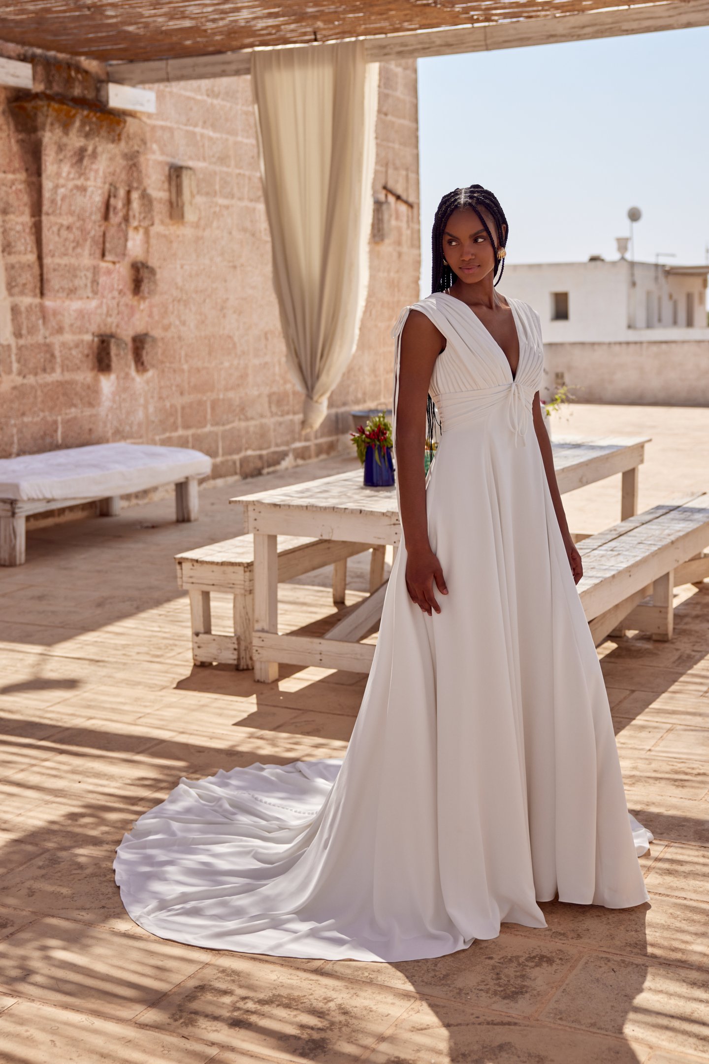 Lillian West Style 66389 Crepe A-Line with V-Neck and Pleated Bodice with Tie Detail
