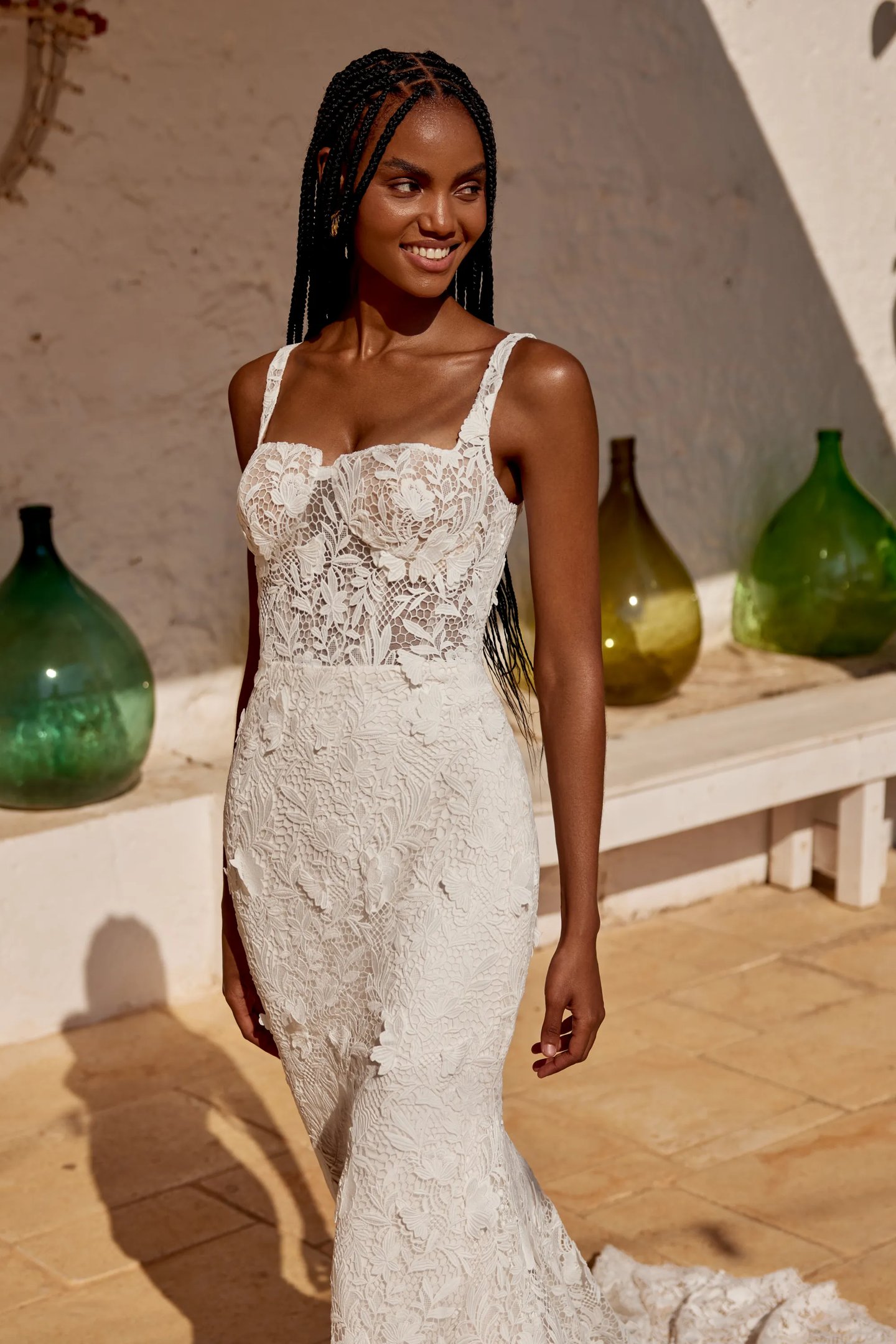 lillian west fit and flare wedding dress 66300: Allover Lace Fit and Flare Bridal Dress with Sweep Length Train