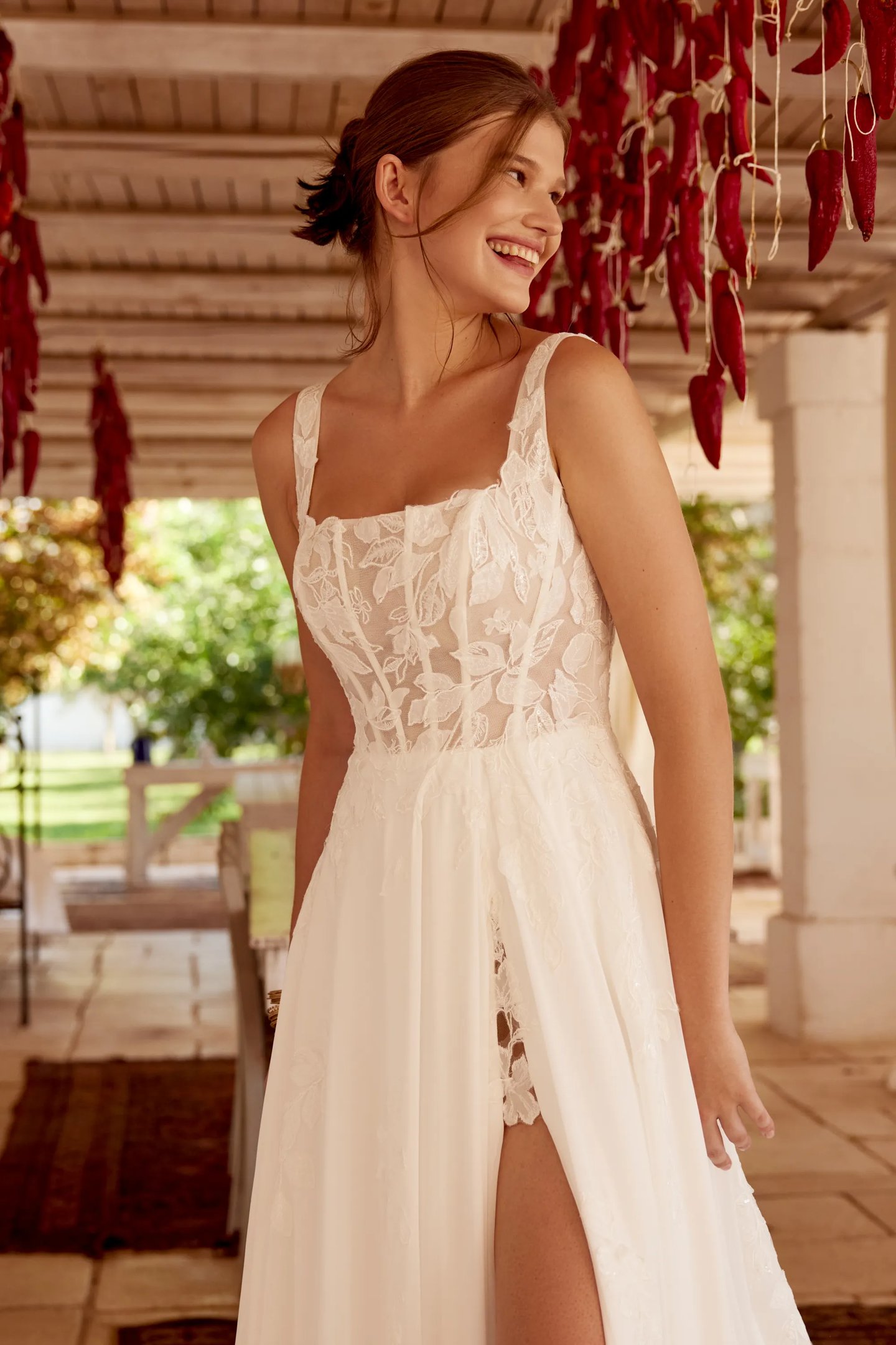 square cut neckline wedding dress Ivory Square Neckline Wedding Gown with High Slit and Gloves Plus Size Size 26W