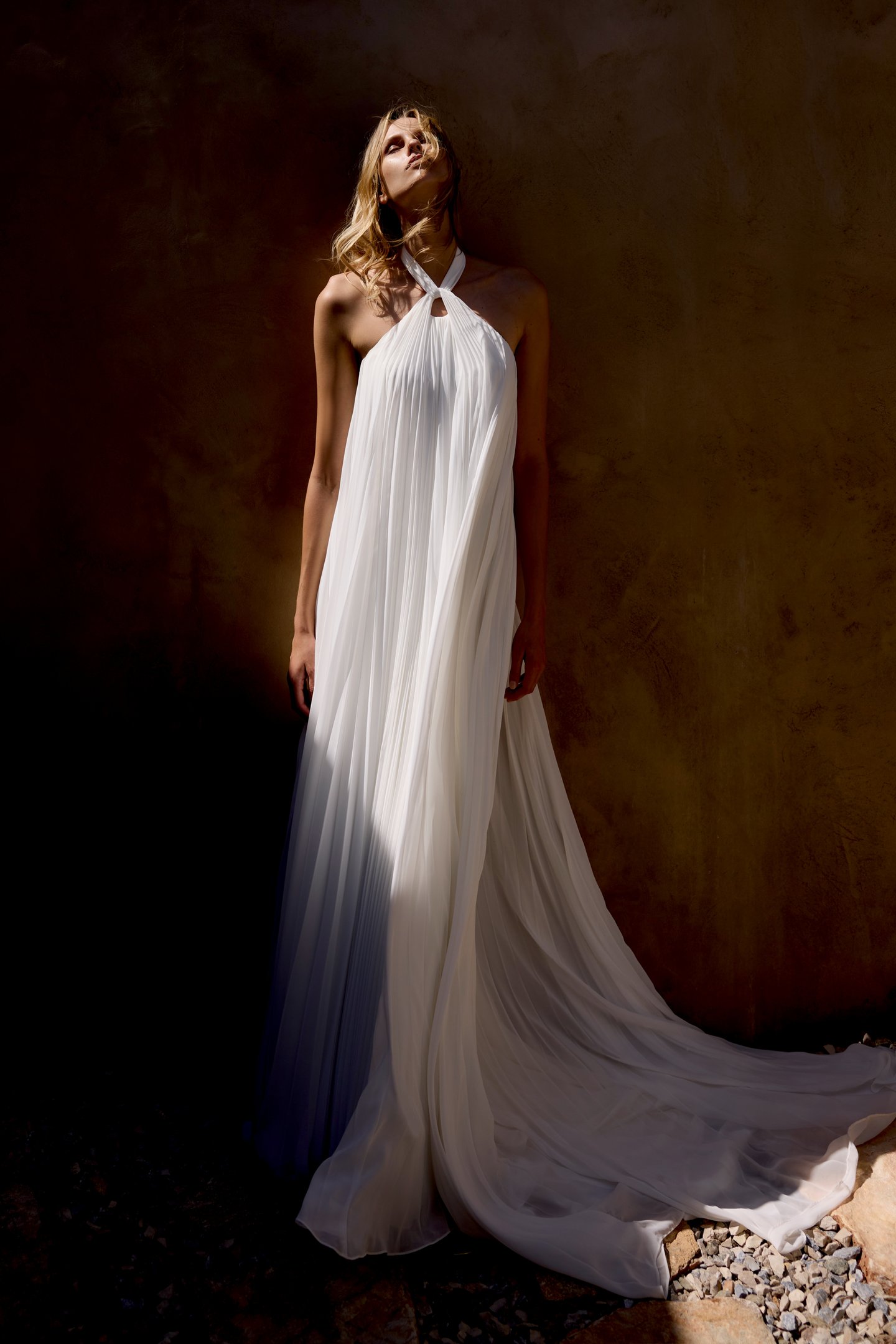 Lillian West Style 66440 Pleated Chiffon Halter Neck Trapeze Gown