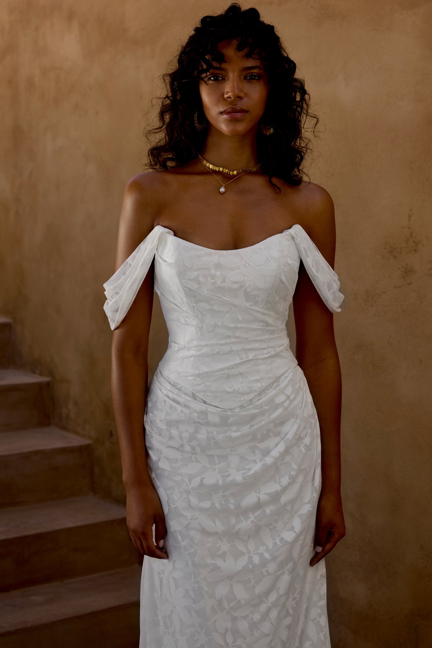 Lillian West Style 66442 Stretch Jacquard Fit and Flare Gown with Basque Waistline
