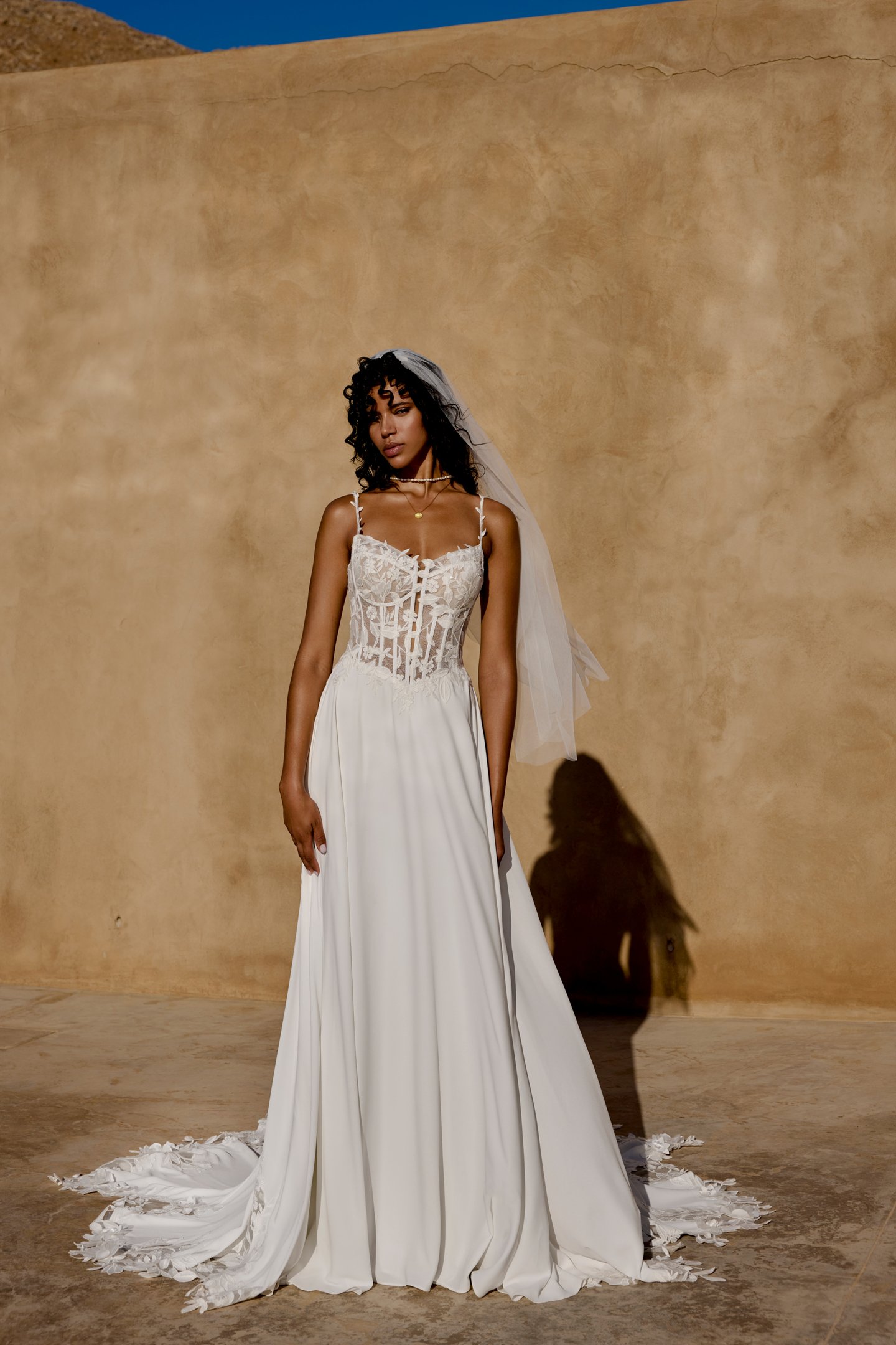 Lillian West Style 66446 Chiffon and Lace A-Line Gown with Sequined Lace Appliqués