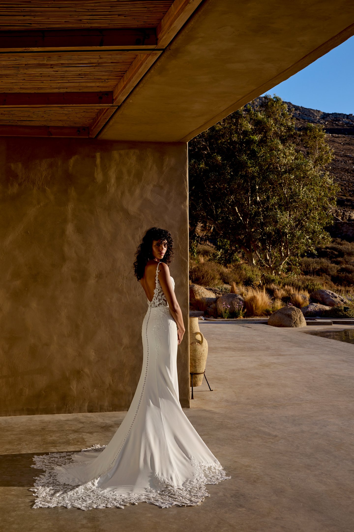 Lillian West Style 66447 Crepe Fit & Flare Gown with Draped Bikini Neckline and Lace Appliqués