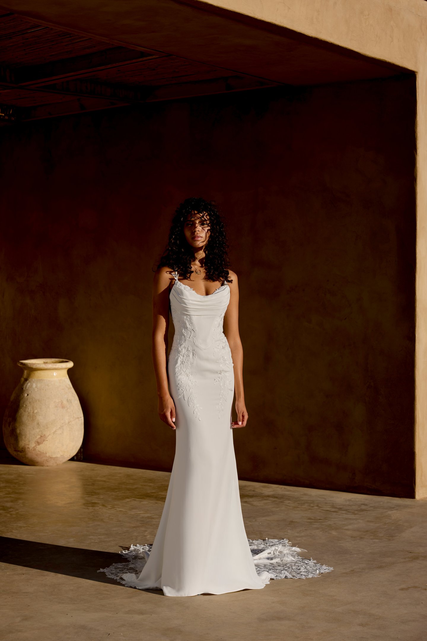 Lillian West Style 66447 Crepe Fit & Flare Gown with Draped Bikini Neckline and Lace Appliqués