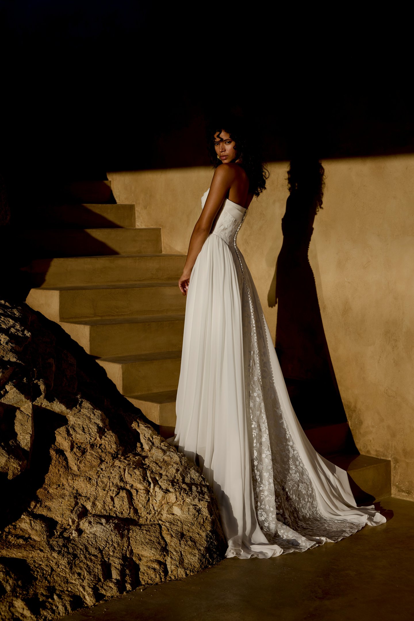 Lillian West Style 66448 A-Line Gown with Embroidered Lace and Waterfall Waistline