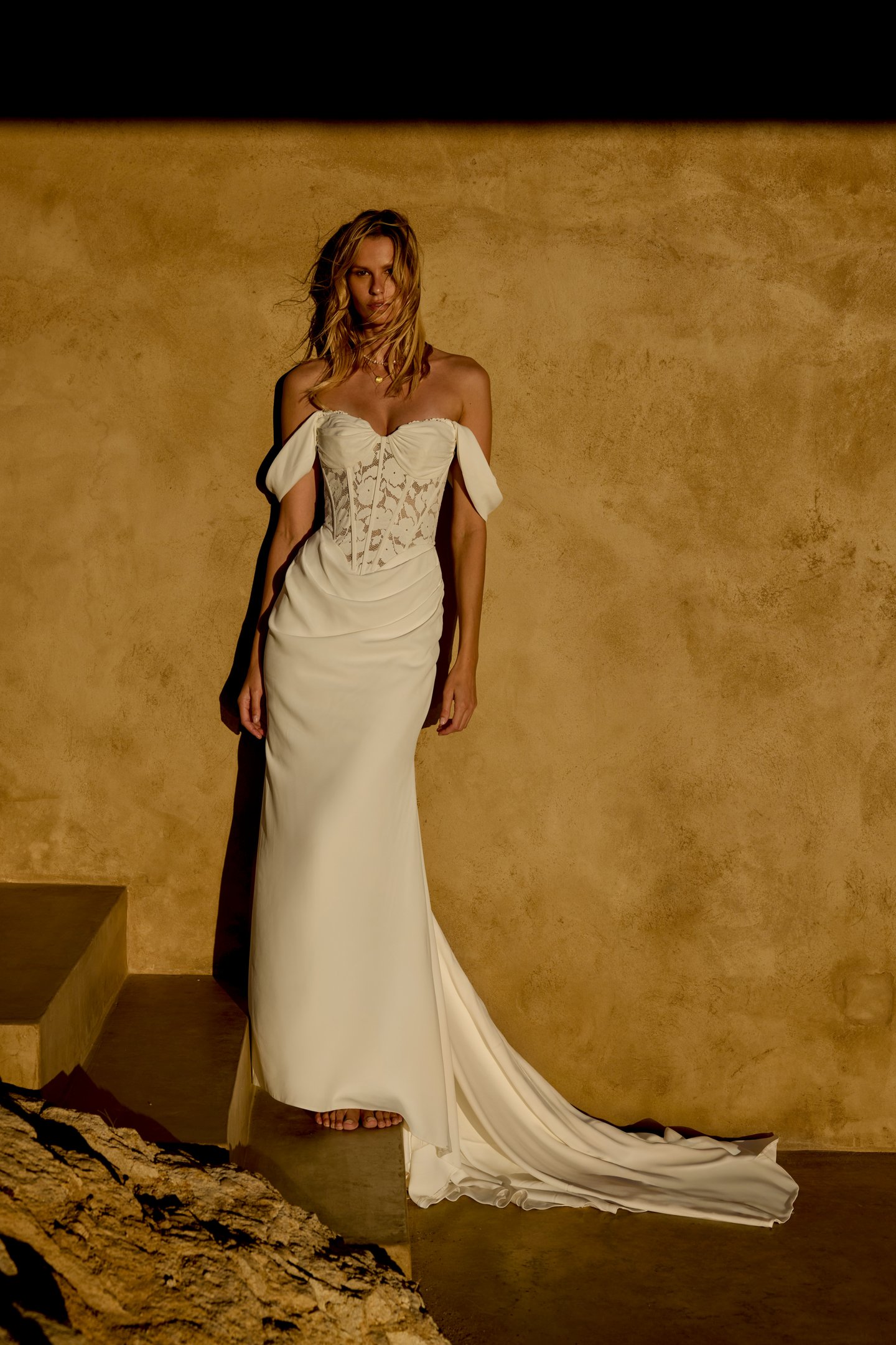 Lillian West Style 66449 Crepe Fit and Flare Gown with Peek-A-Boo Lace and Basque Waist