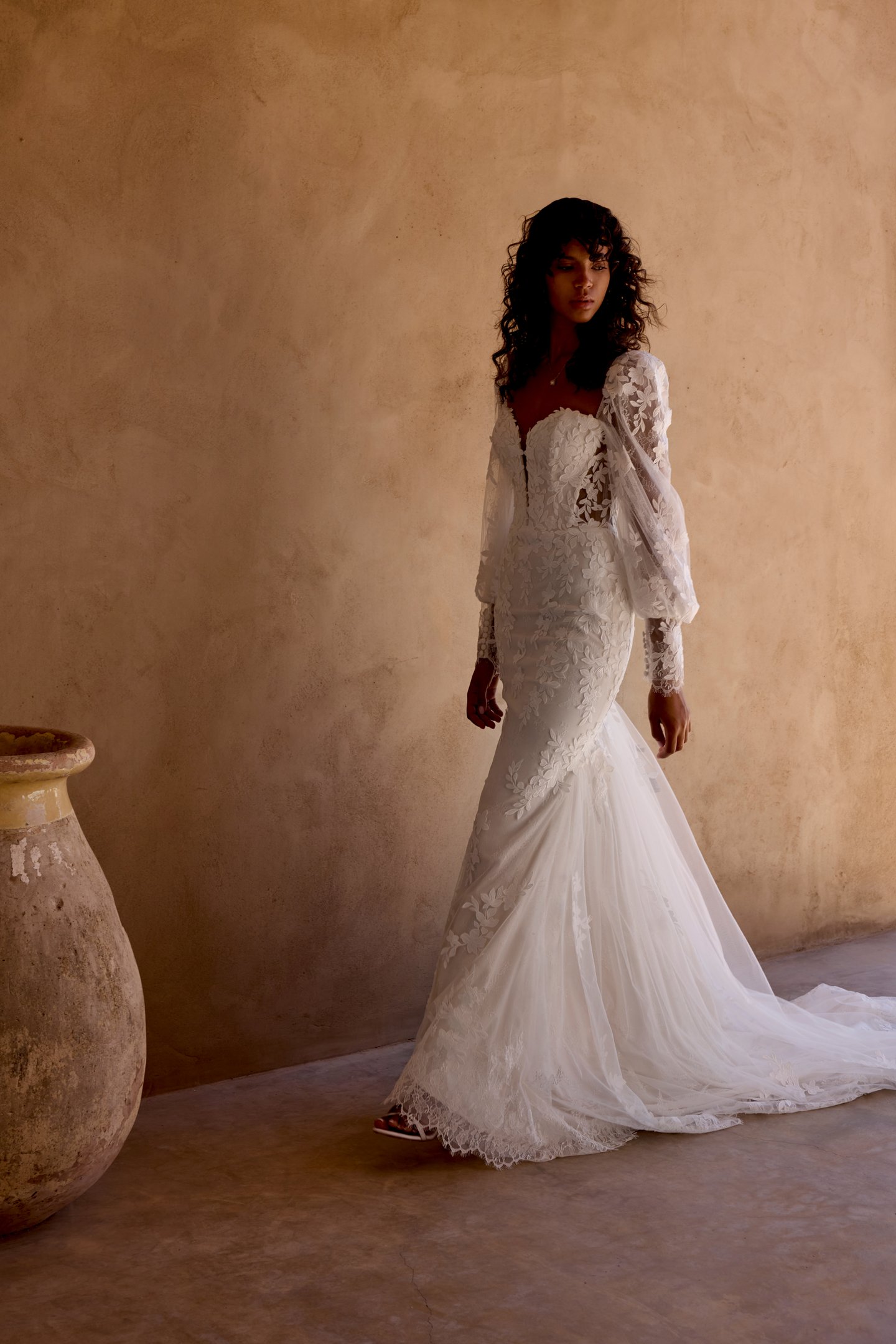 Lillian West Style 66451SL Illusion Tulle Poet Sleeves with Matte Appliqués and Chantilly Lace