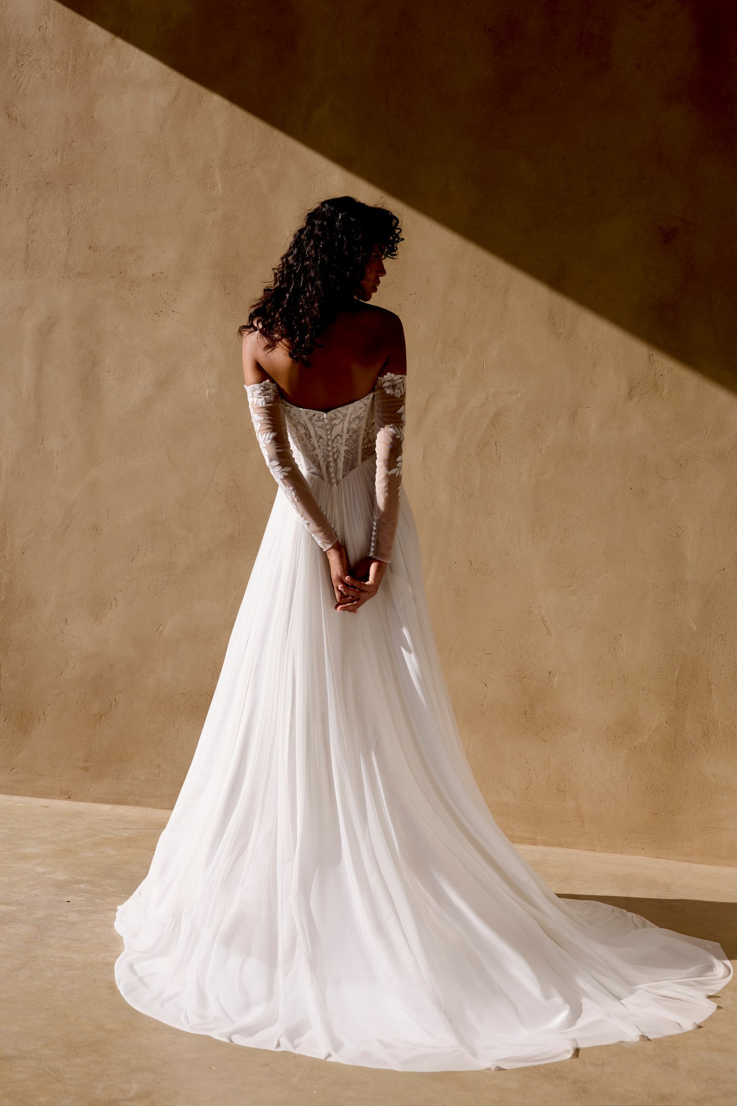 Lillian West Style 66452 Chiffon A-line Gown with Matte Lace Appliqués and Basque Waist