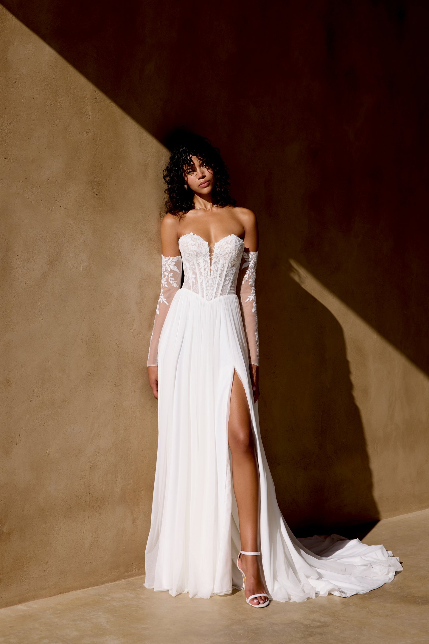 Lillian West Style 66452SL Off-The-Shoulder Tulle Long Sleeves with Matte Lace Appliqués