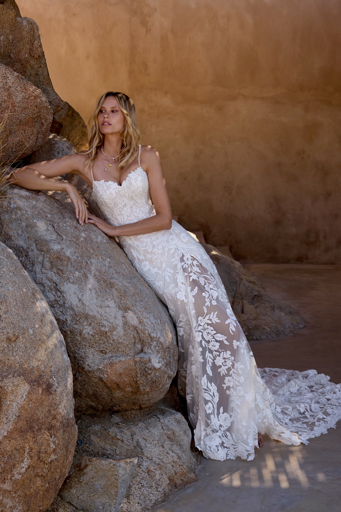 Lillian West Style 66454 Allover Lace Fit and Flare Gown with Beaded & Sequined Lace Appliqués