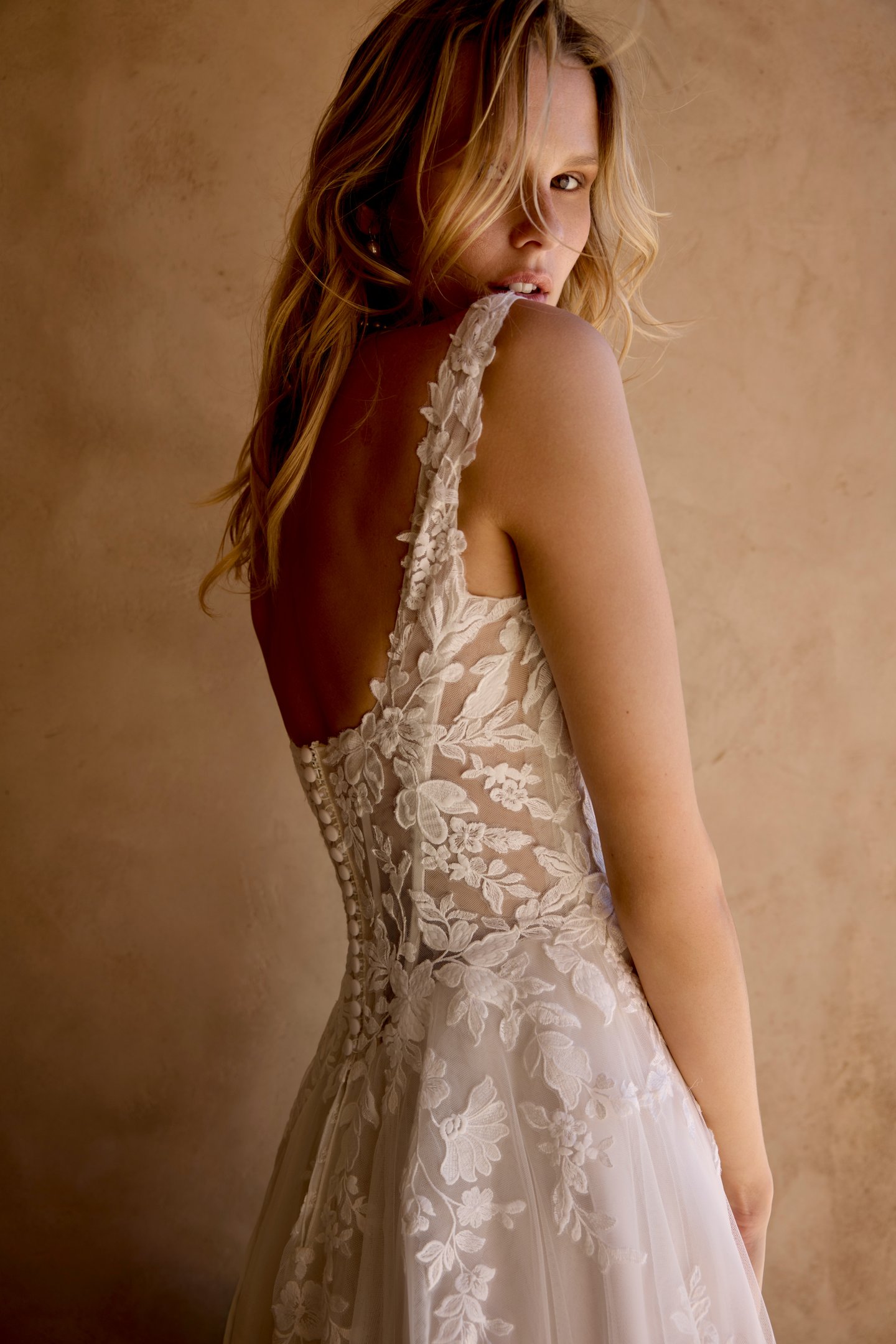 Lillian West Style 66455 Tulle A-Line Gown with Square Neckline and Matte Lace Floral Appliqués