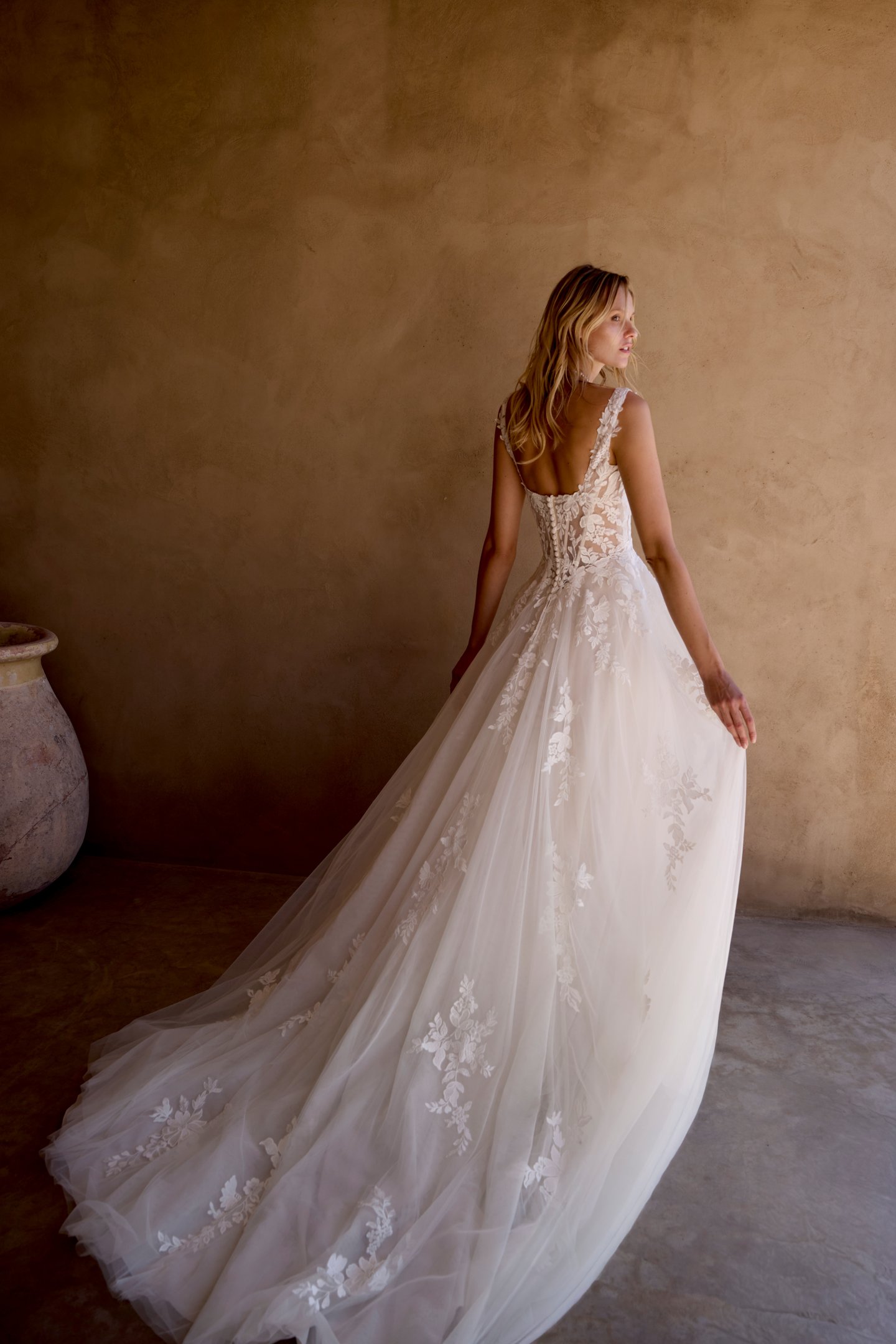 Lillian West Style 66455 Tulle A-Line Gown with Square Neckline and Matte Lace Floral Appliqués