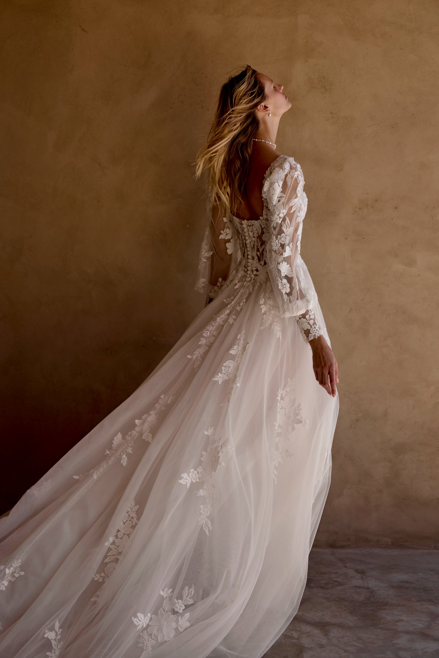 Lillian West Style 66455 Tulle A-Line Gown with Square Neckline and Matte Lace Floral Appliqués