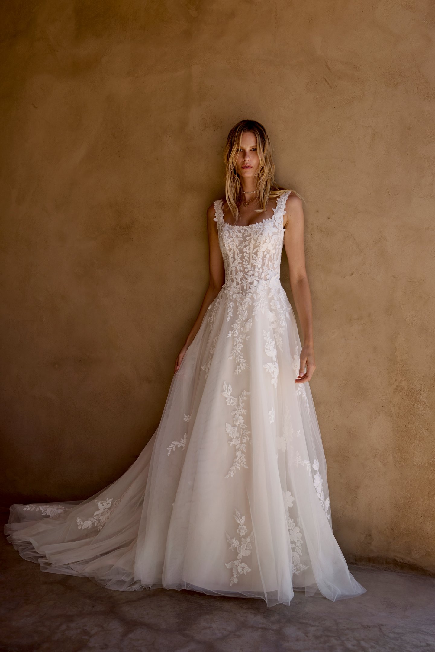 Lillian West Style 66455 Tulle A-Line Gown with Square Neckline and Matte Lace Floral Appliqués