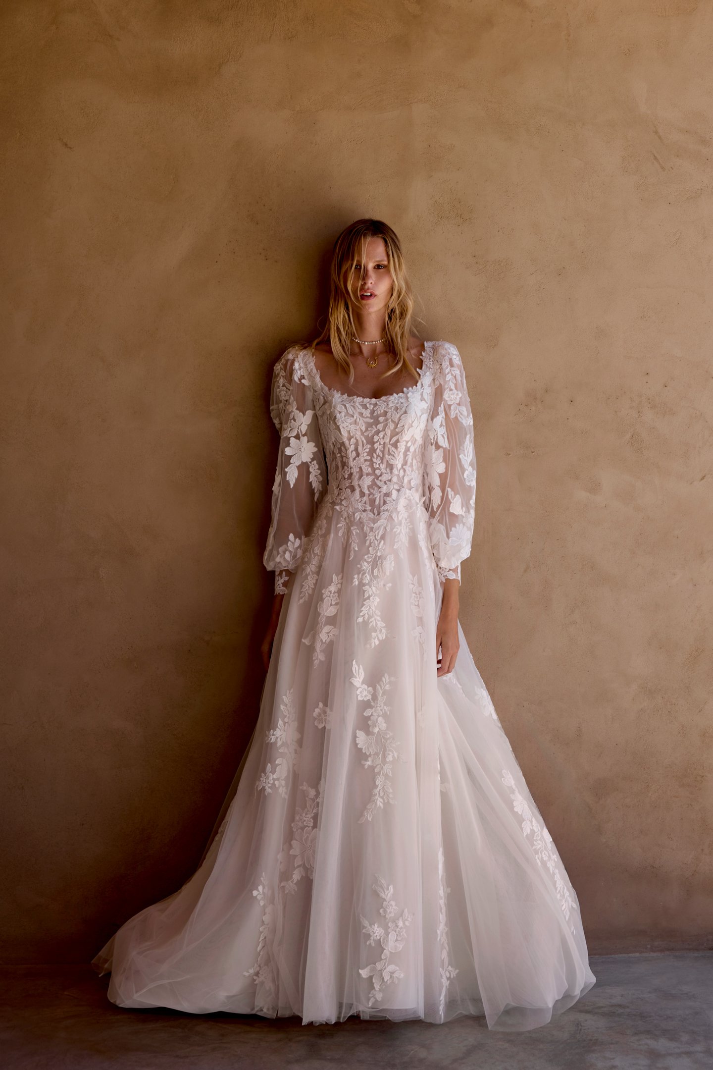 Lillian West Style 66455 Tulle A-Line Gown with Square Neckline and Matte Lace Floral Appliqués