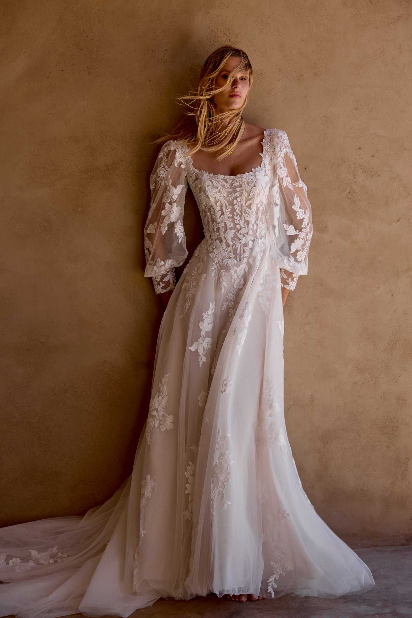 Lillian West Style 66455 Tulle A-Line Gown with Square Neckline and Matte Lace Floral Appliqués