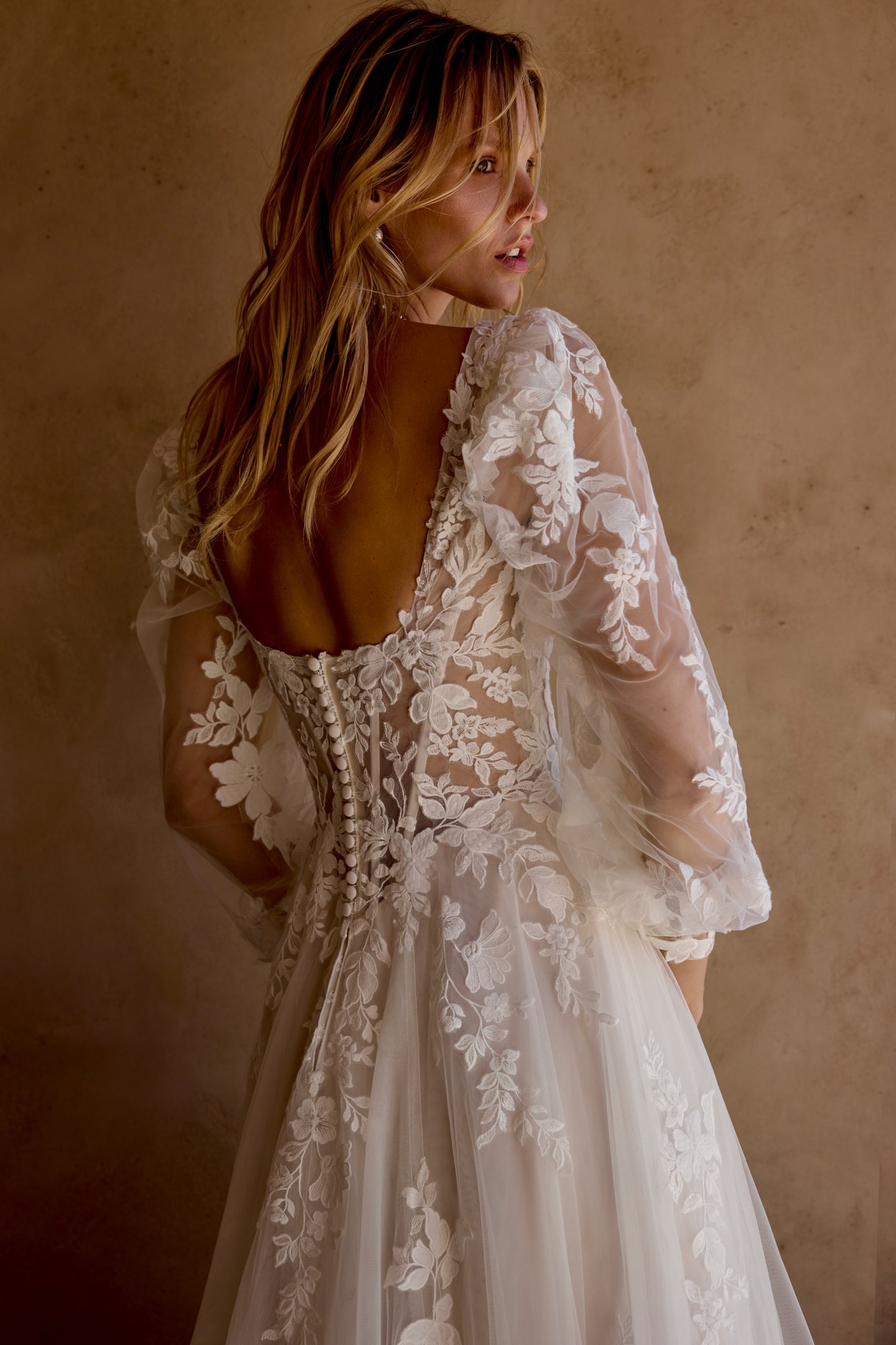 Lillian West Style 66455SL Tulle Bishop Sleeves with Floral Matte Lace Appliqués